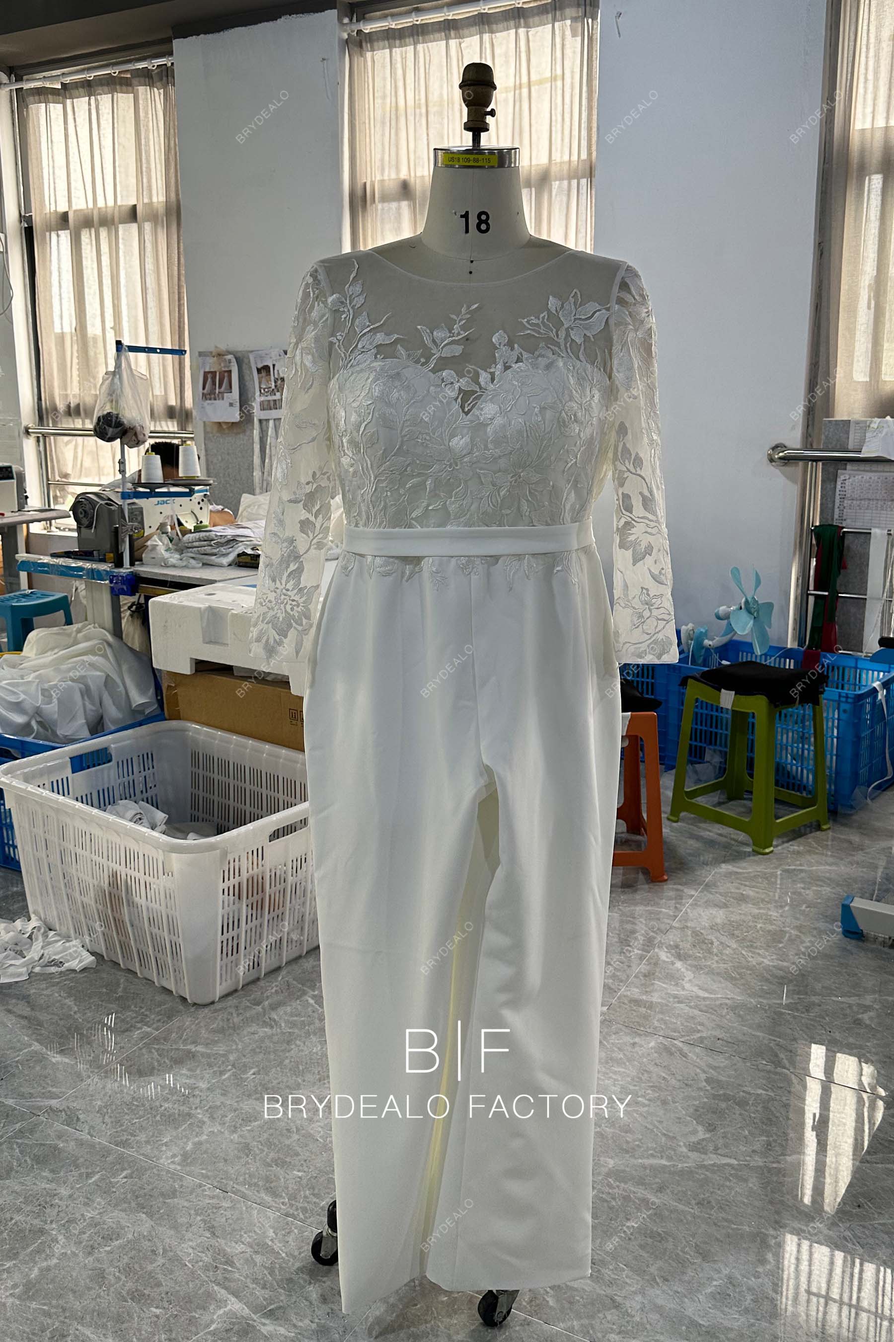 Private Label Plus Size Custom Lace Long Sleeve Bridal Jumpsuit