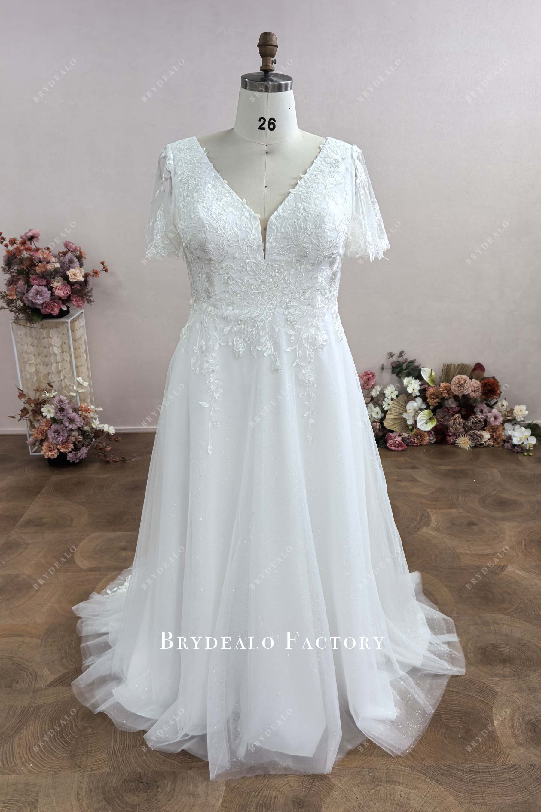 plus size lace flutter sleeve wedding dress