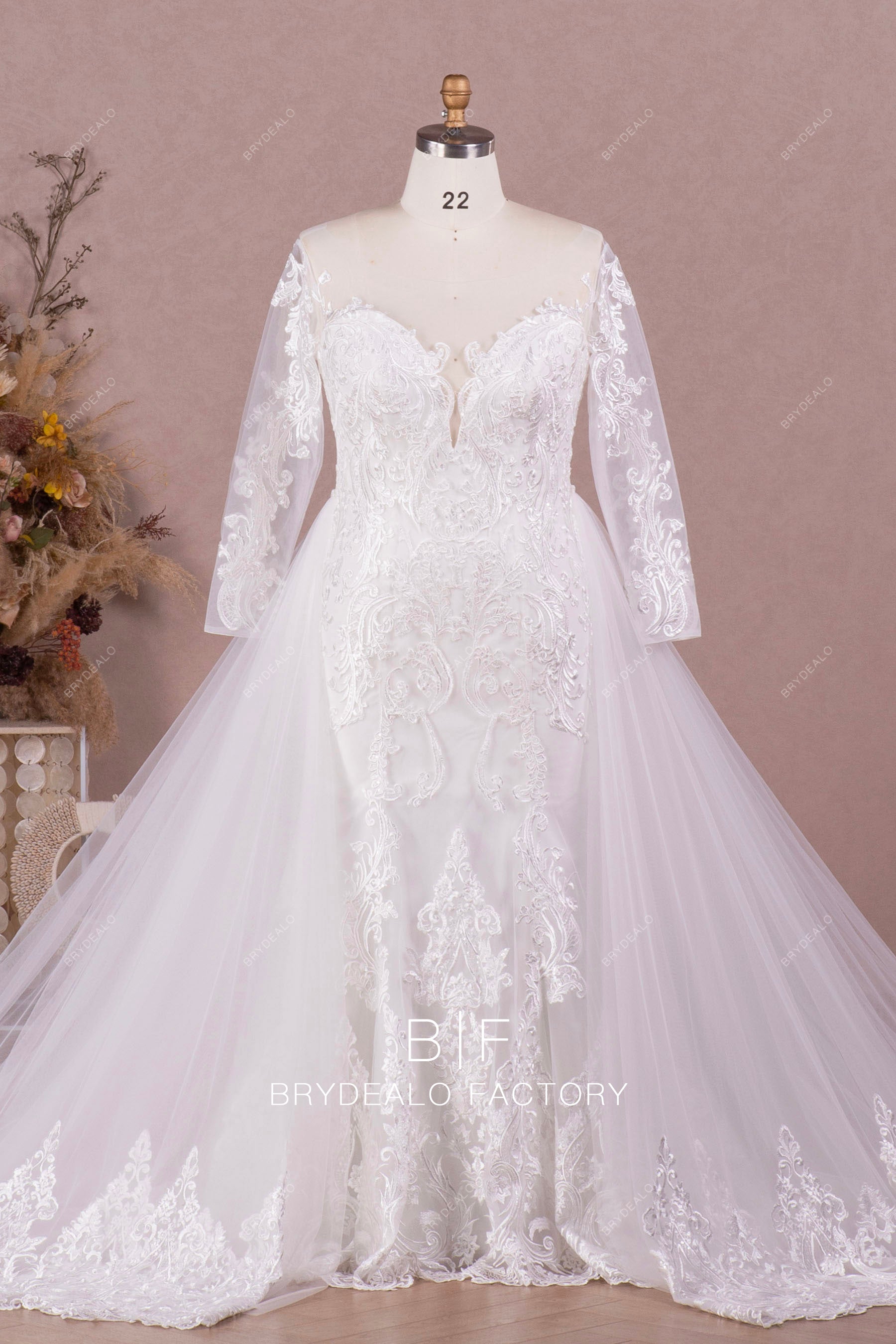 Illusion Neck Sleeved Lace Overskirt Wedding Gown