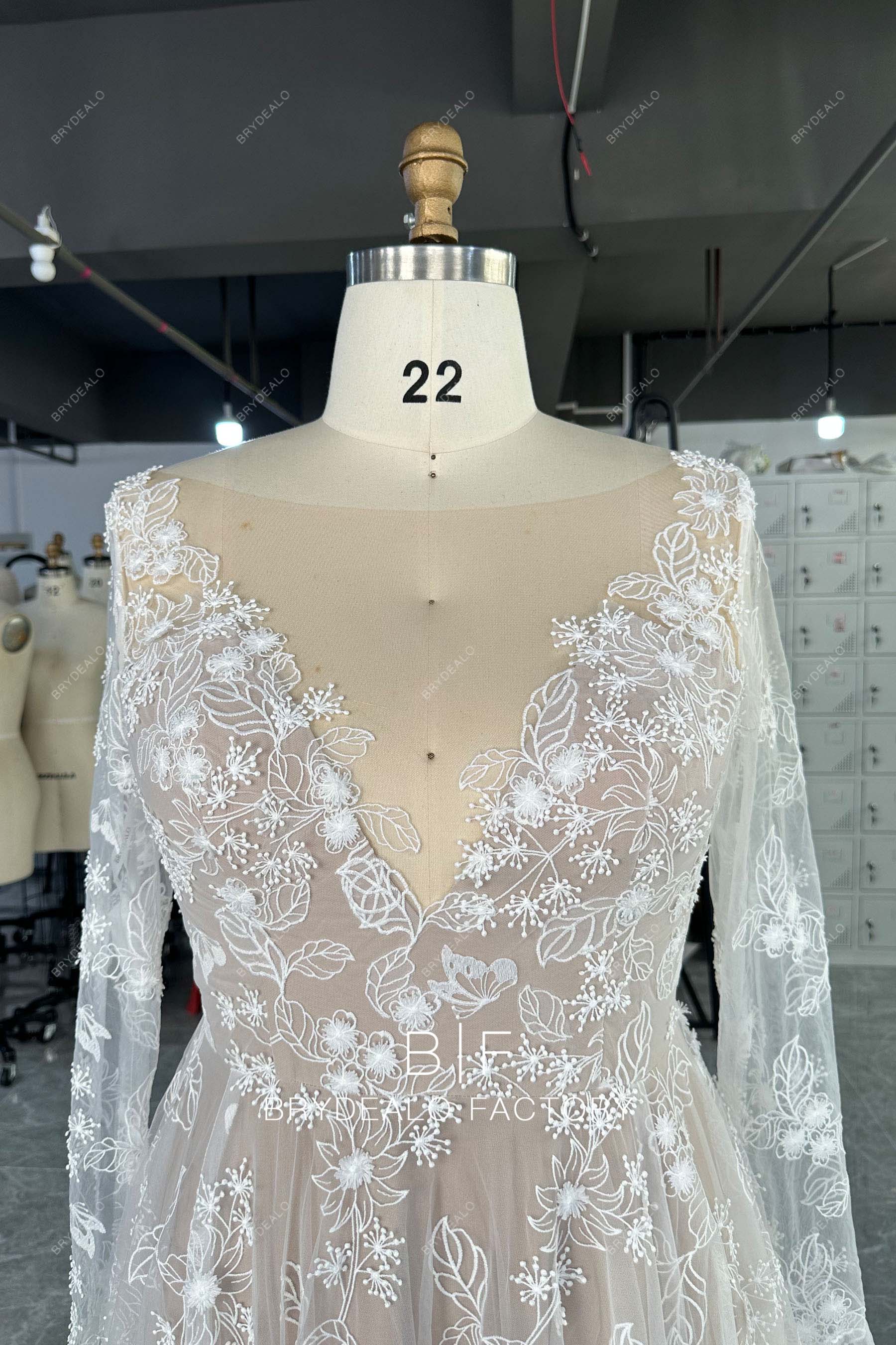 Plus Size Custom Boho Lace Plunging Neck Bridal Dress