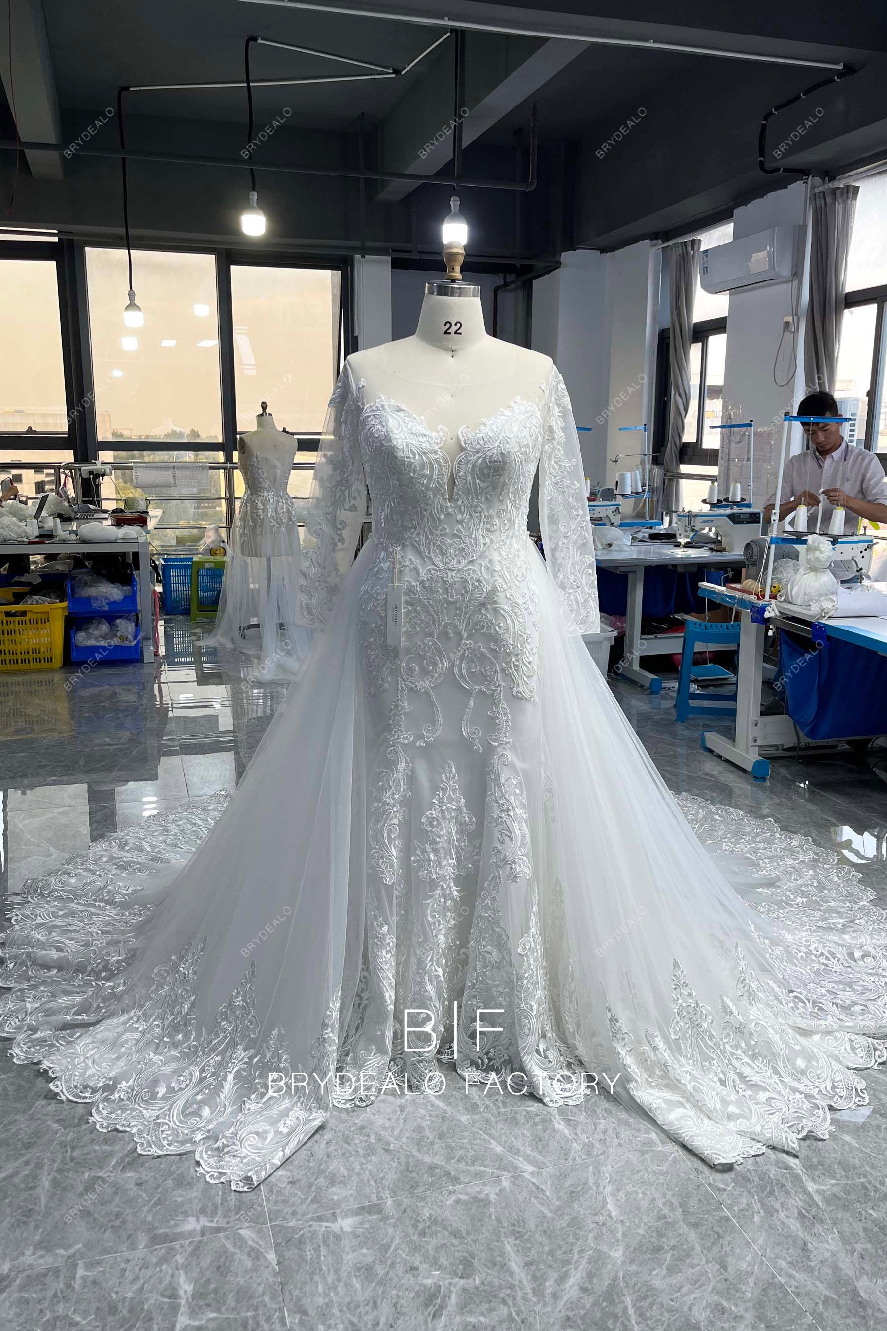 plus size sleeved lace wedding dress overskirt