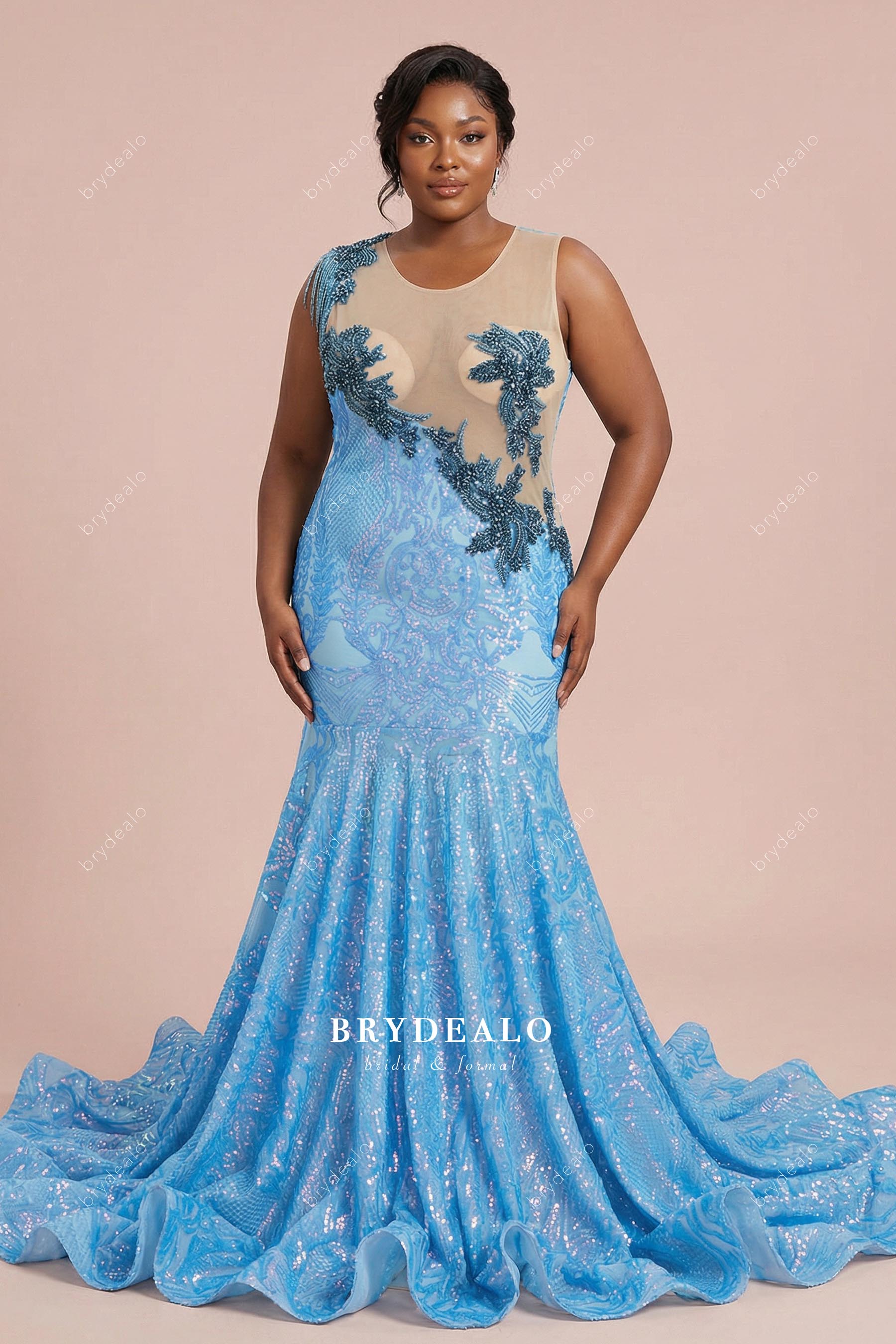 green emerald velvet dress Blue Shoulder Rhinestone Tassel Sequin Prom Dress