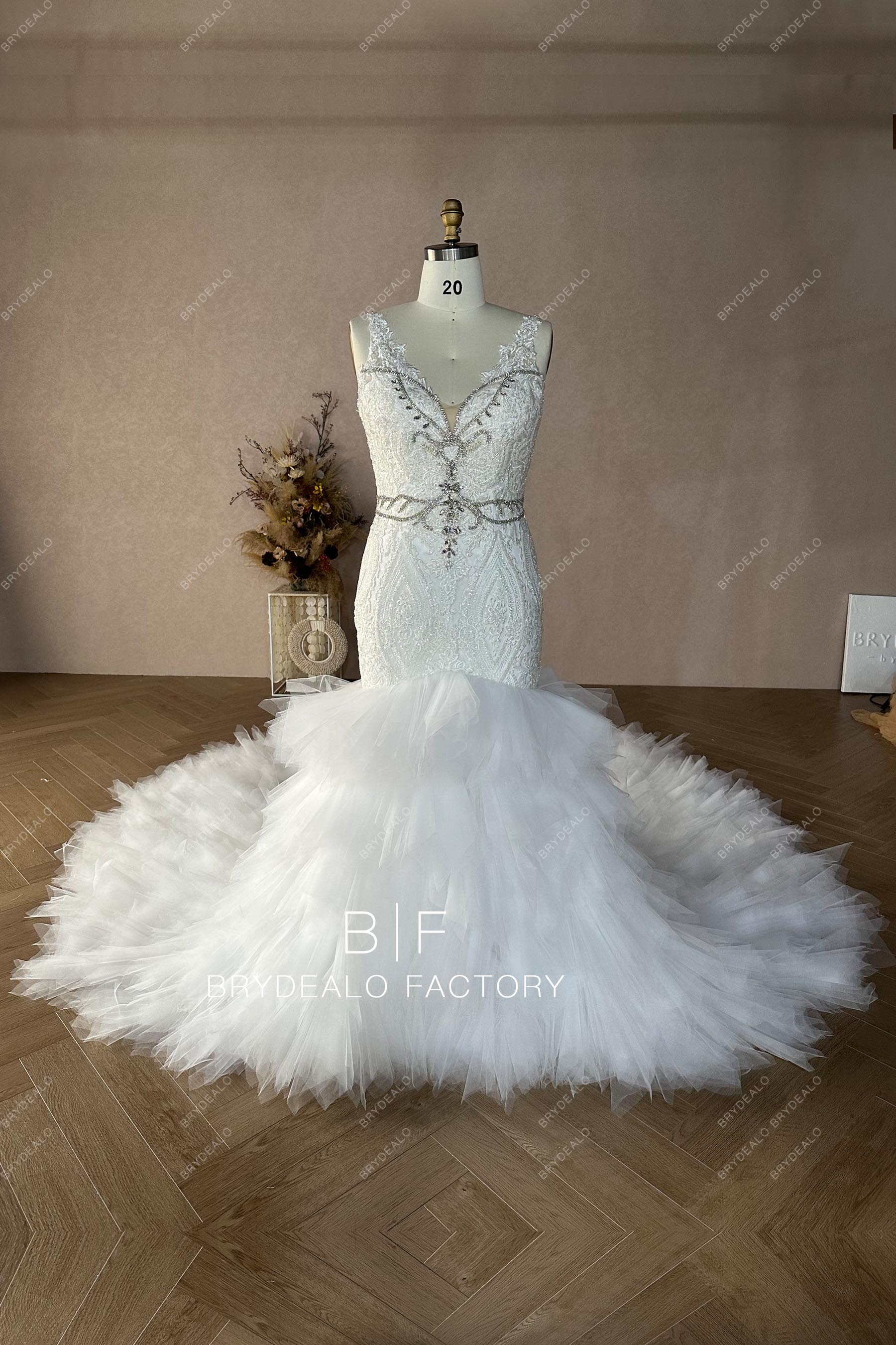 Plus Size Custom Rhinestones Long Train Ruffled Wedding Dress Orchid