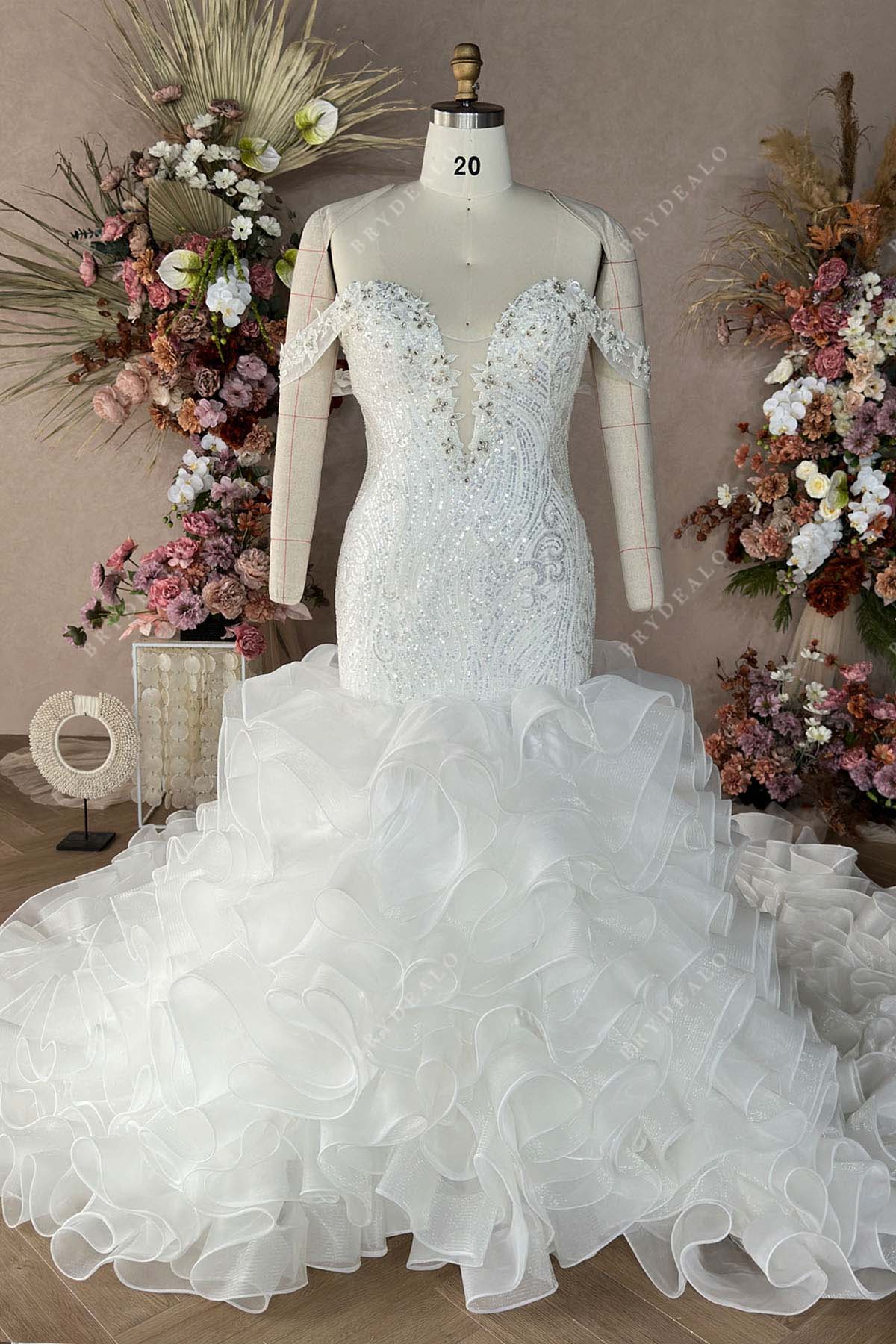 Wholesale Beaded Lace Ruffled Organza Trumpet Bridal Dress Wholesale Beaded Lace Ruffled Organza Trumpet Bridal Dress