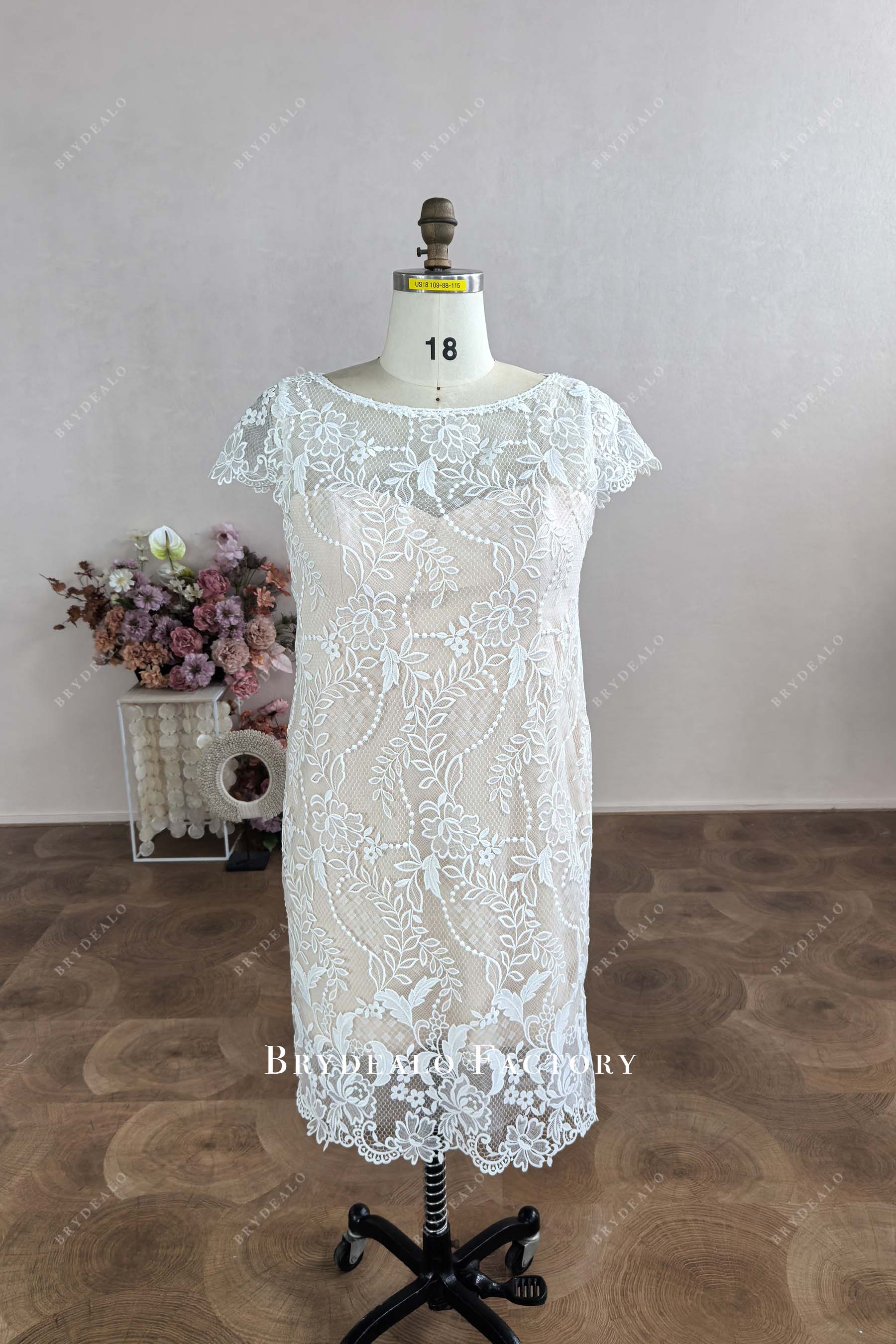 plus size white lace tea length bridal dress