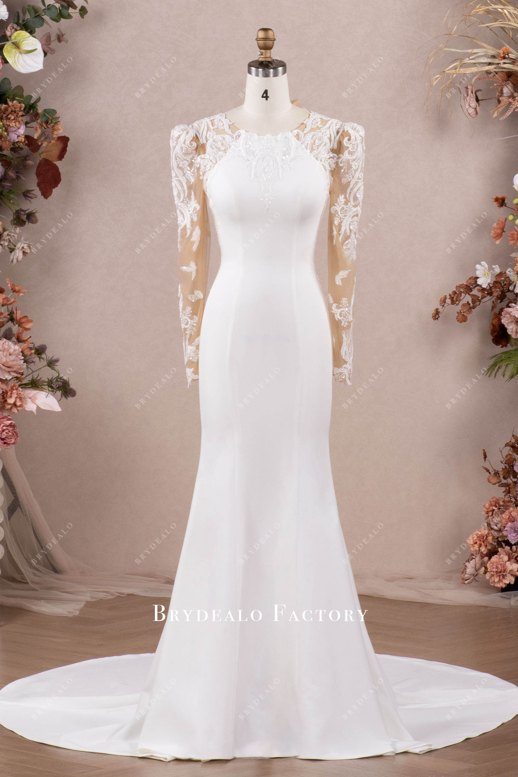 Embellished Sheer Sleeves Crepe Mermaid Bridal Dress Embellished Sheer Sleeves Crepe Mermaid Bridal Dress