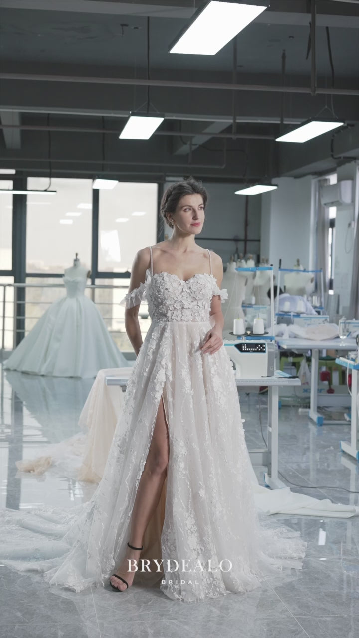 off shoulder pearl flower wedding dress