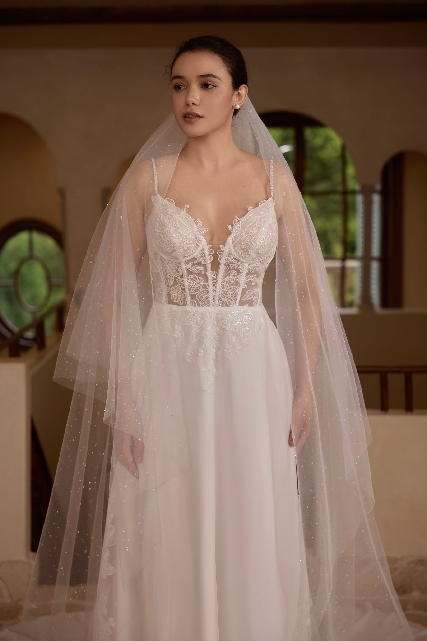 fine shimmery lace chiffon godet wedding dress