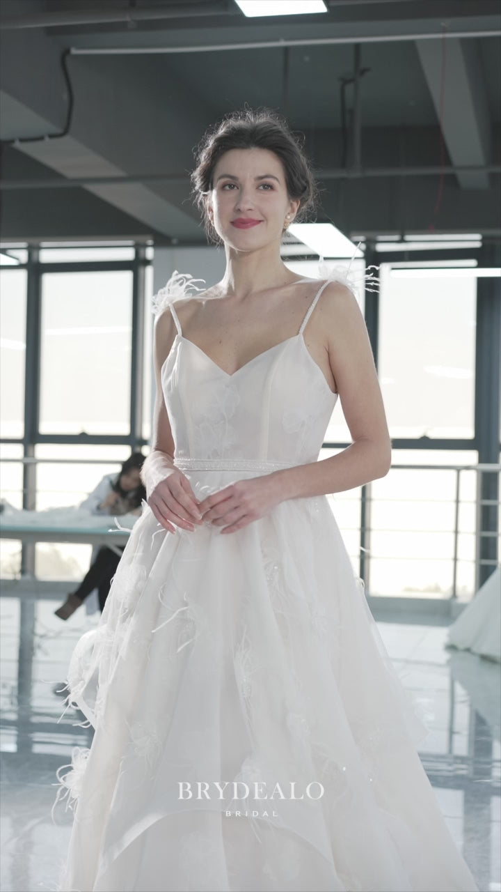 Organza Feather Flowers Ruffled A-line Wedding Dress