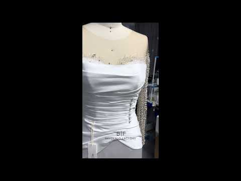 luxury pearl sleeve pleated waist overskirt wedding dress