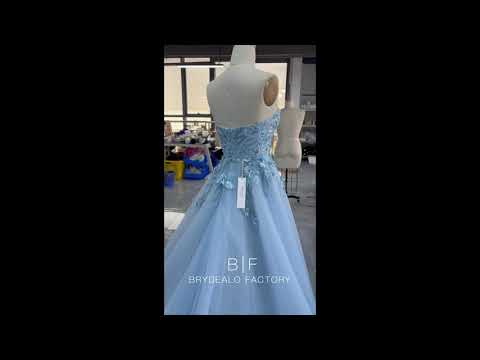 sky blue strapless Aline prom dress