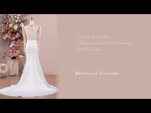 illusion long poofy sleeve beaded lace crepe bridal gown