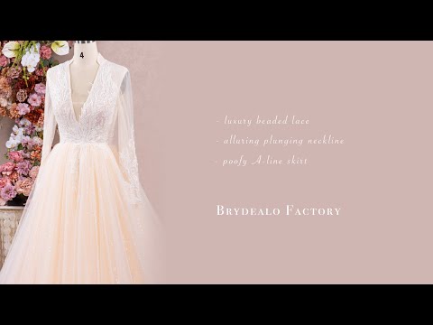royal plunging neck sleeve lace tulle bridal gown