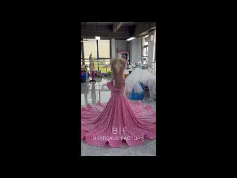 luxury pink rhinestone sequin mermaid prom dress