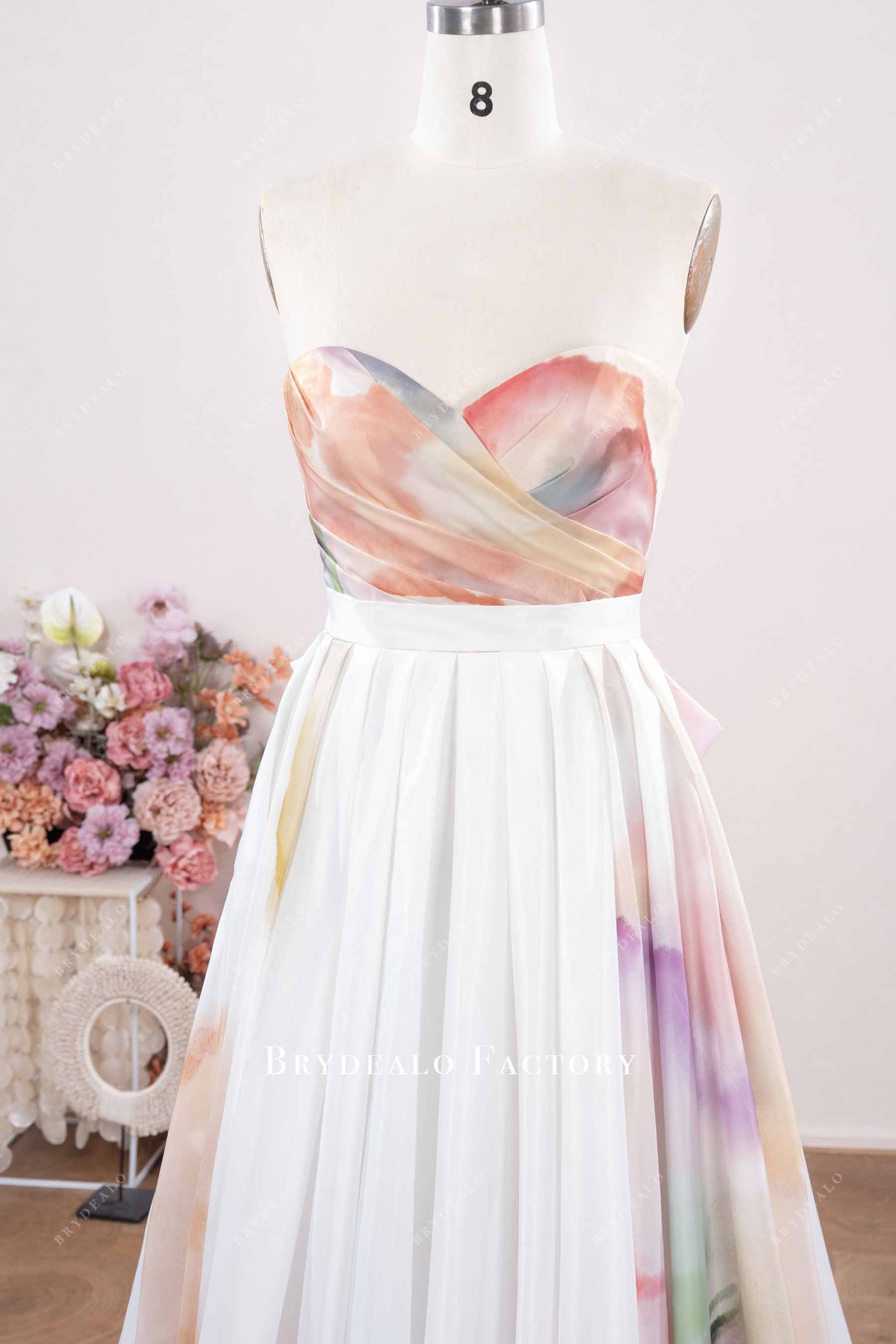 print pleated sweetheart neck wedding dress