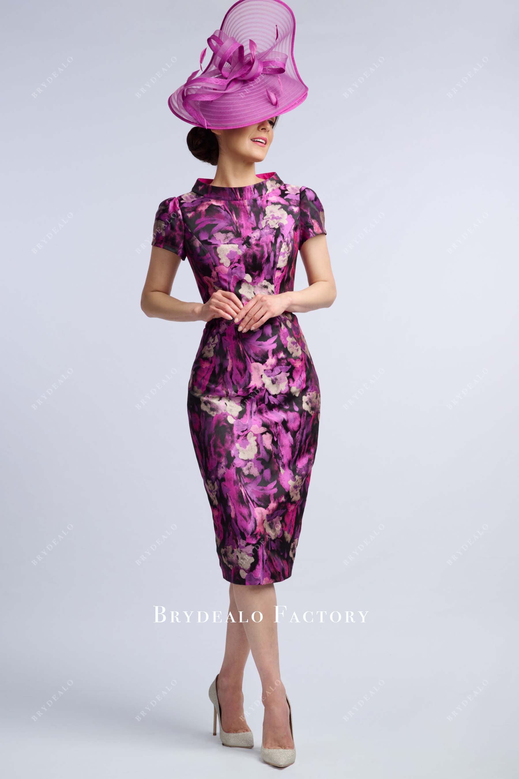print wide neckline pencil mother of bride dress