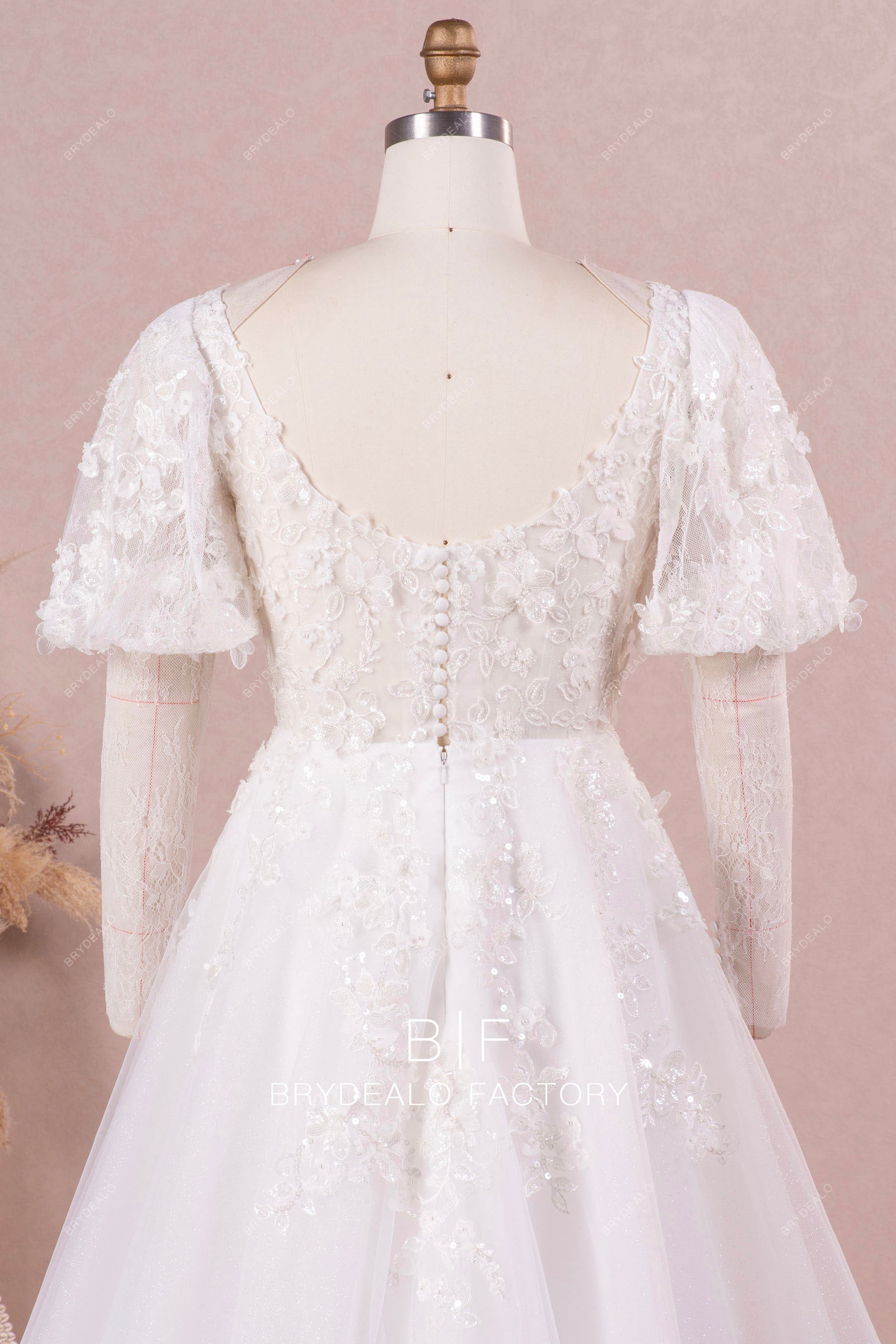 Private Label Beaded Lace Puffy Sleeves Custom Wedding Ball Gown