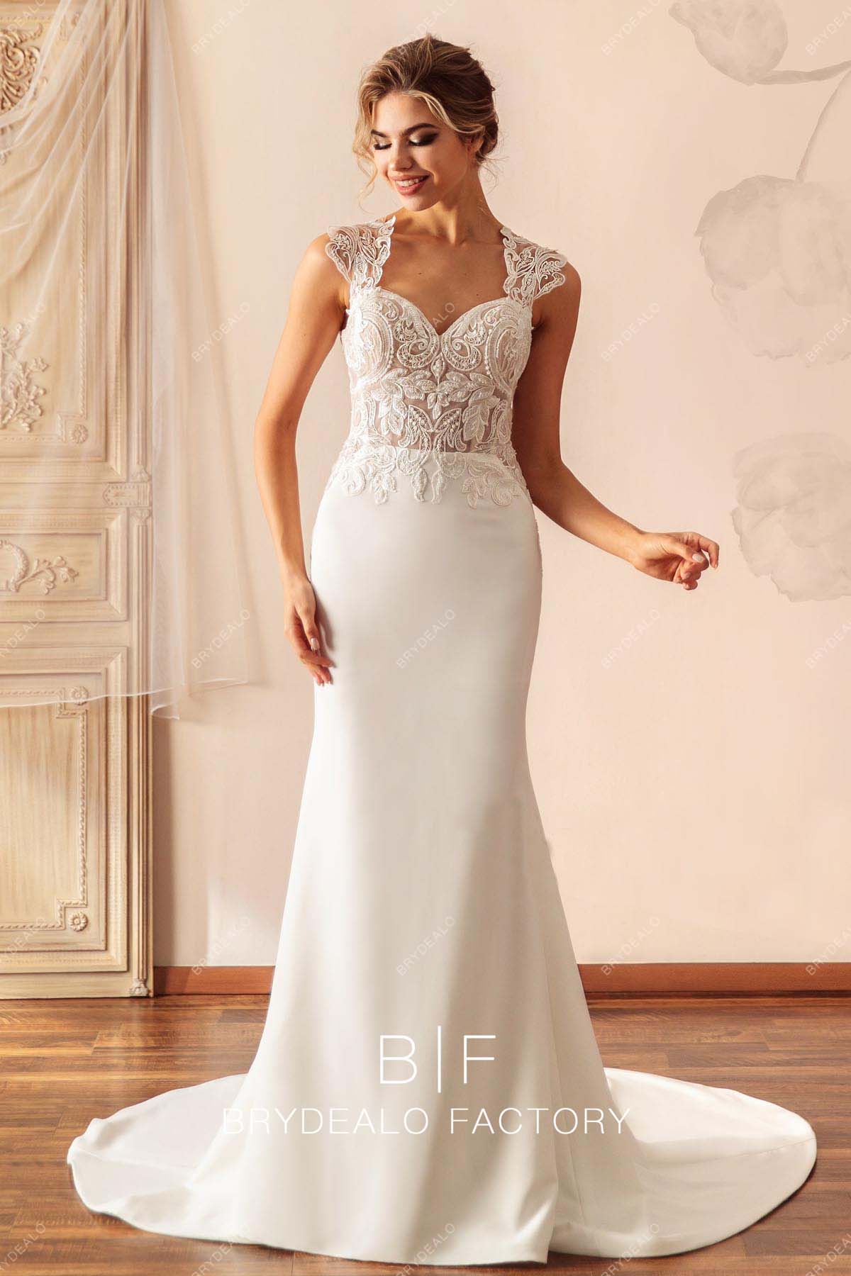queen anne lace crepe mermaid wedding dress