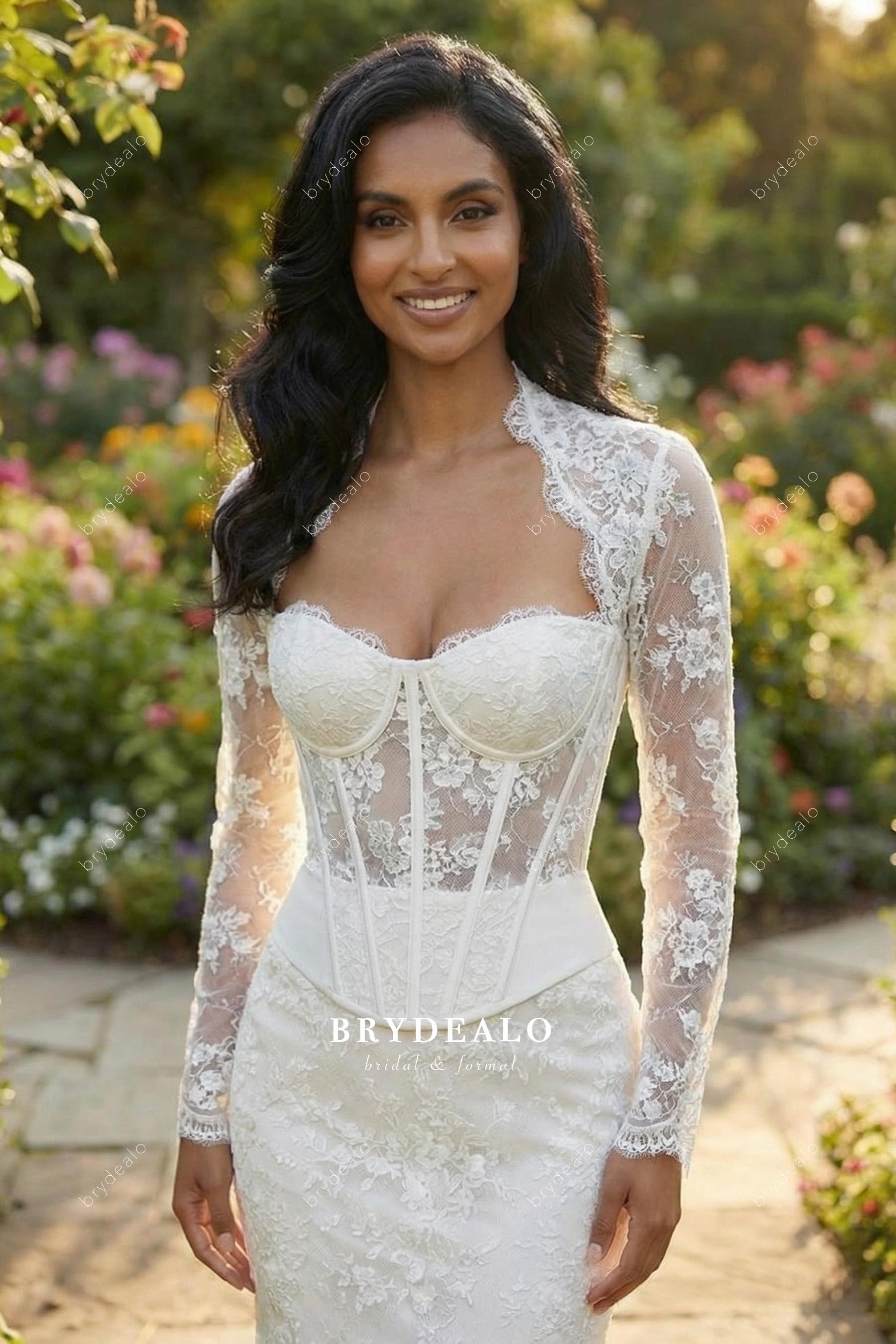 Queen Anne neckline lace bridal dress