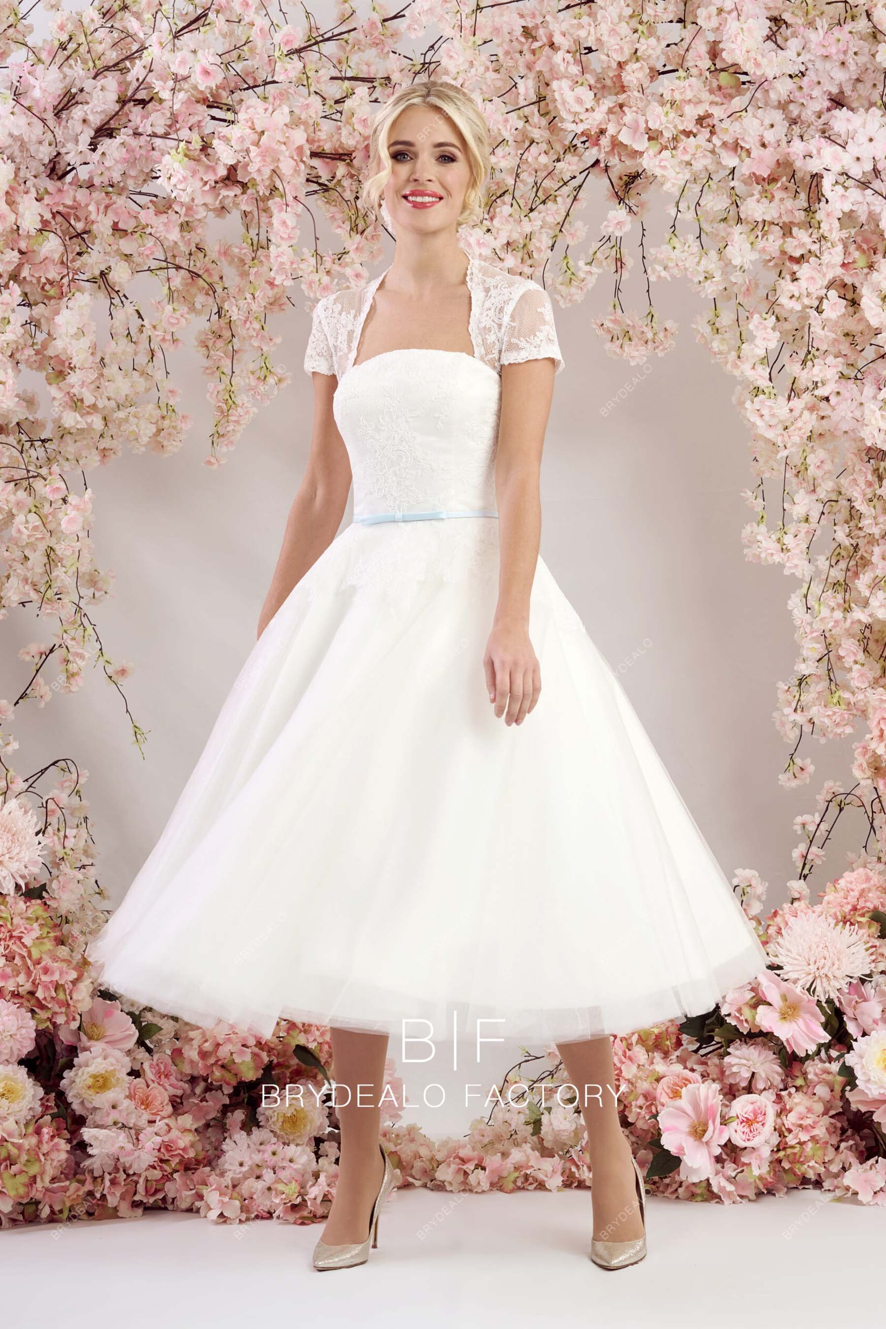 queen anne tea length casual bridal dress