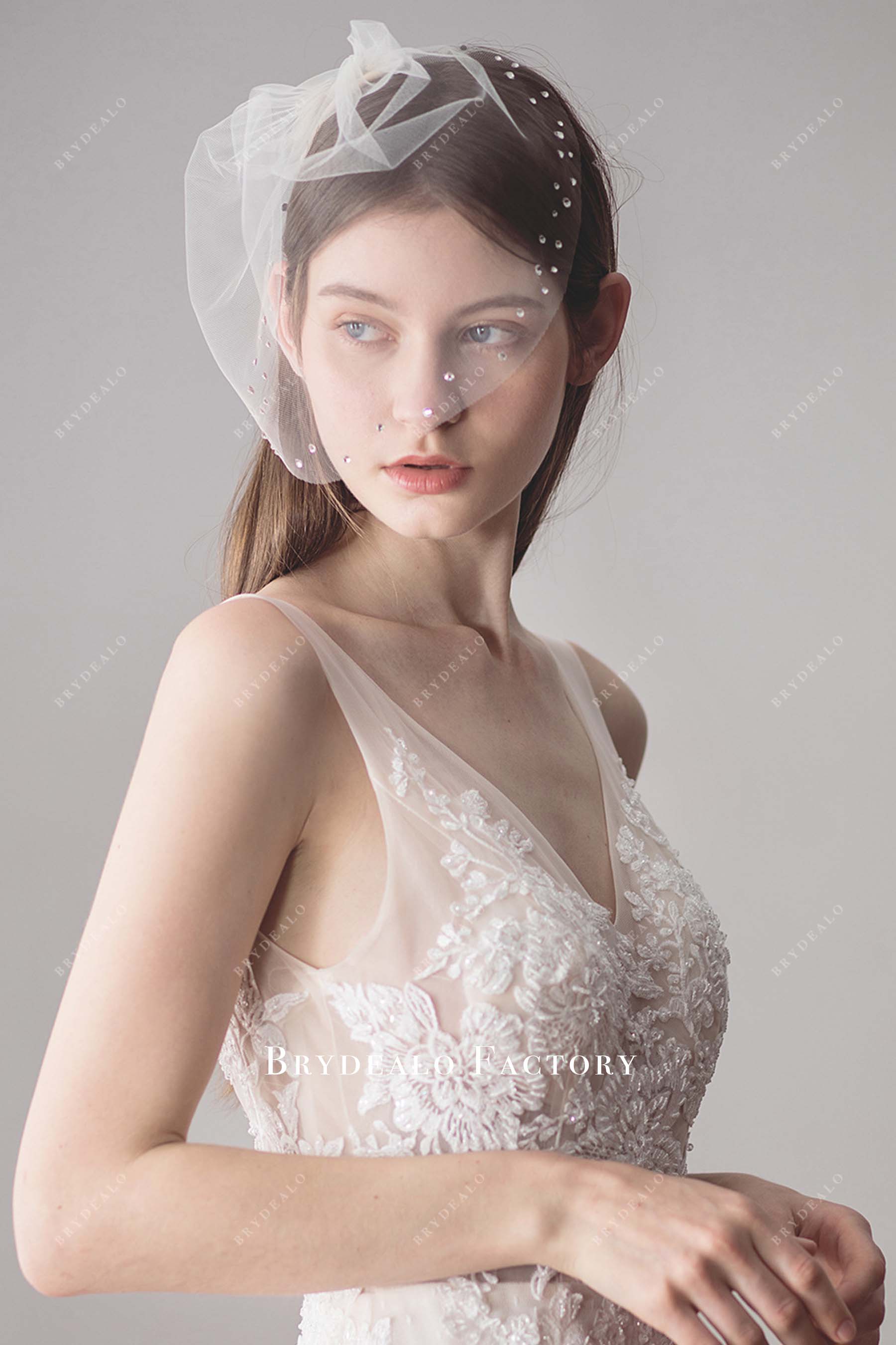 Rhinestones Birdcage Raw Cut Tulle Bridal Veil Rhinestones Birdcage Raw Cut Tulle Bridal Veil