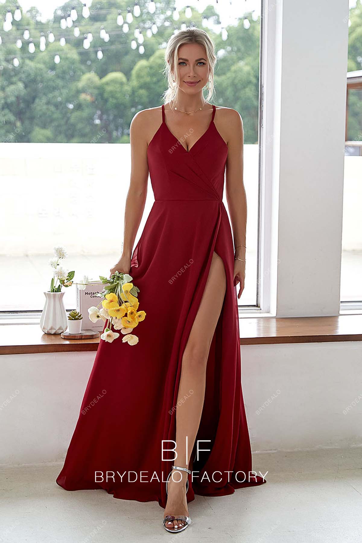 Burgundy Halter Neck A-line Chiffon Slit Wrap Bridesmaid Dress