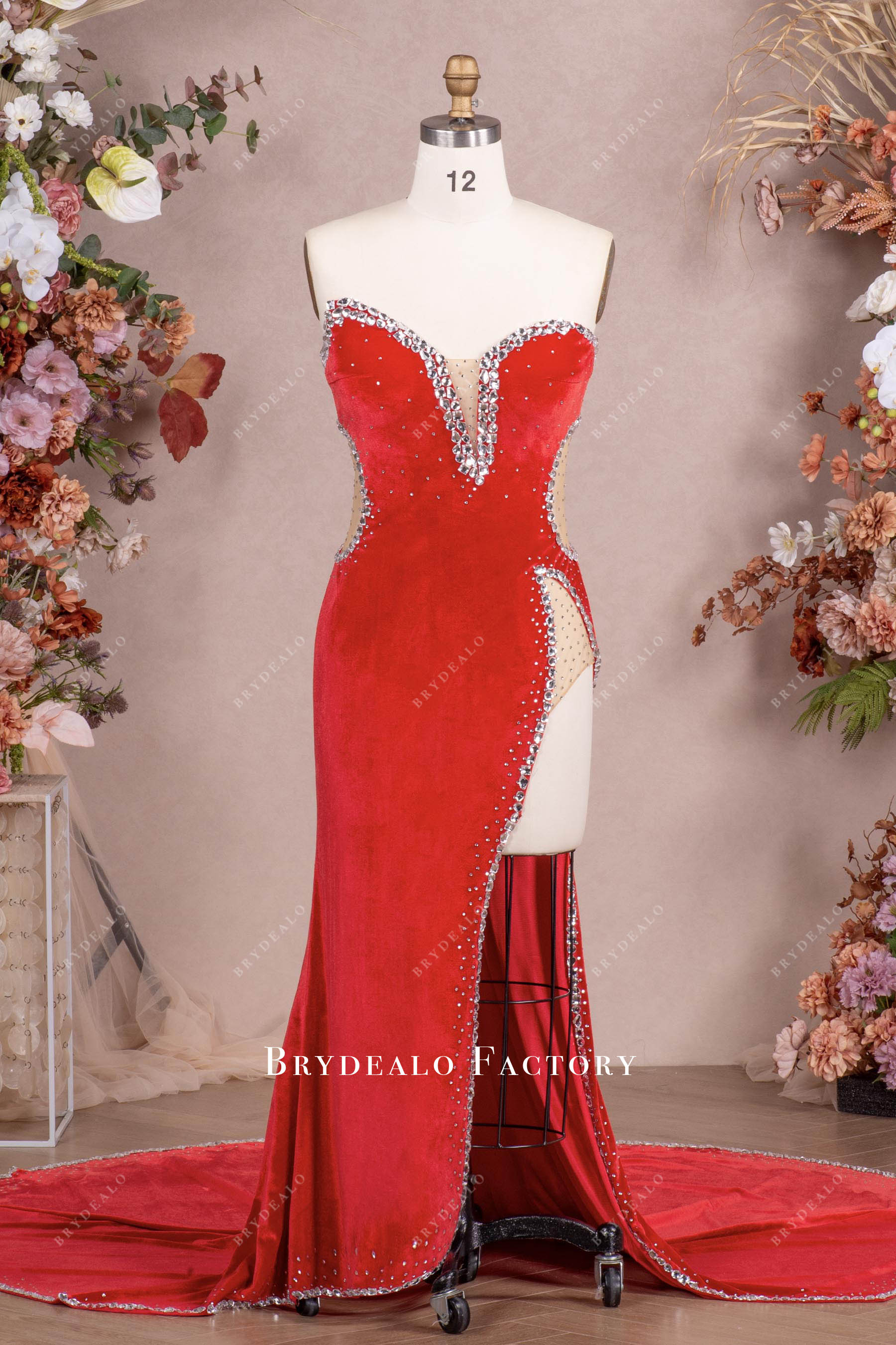 Red Rhinestone Velvet High Slit Fit & Flare Prom Dress Red Rhinestone Velvet High Slit Fit & Flare Prom Dress