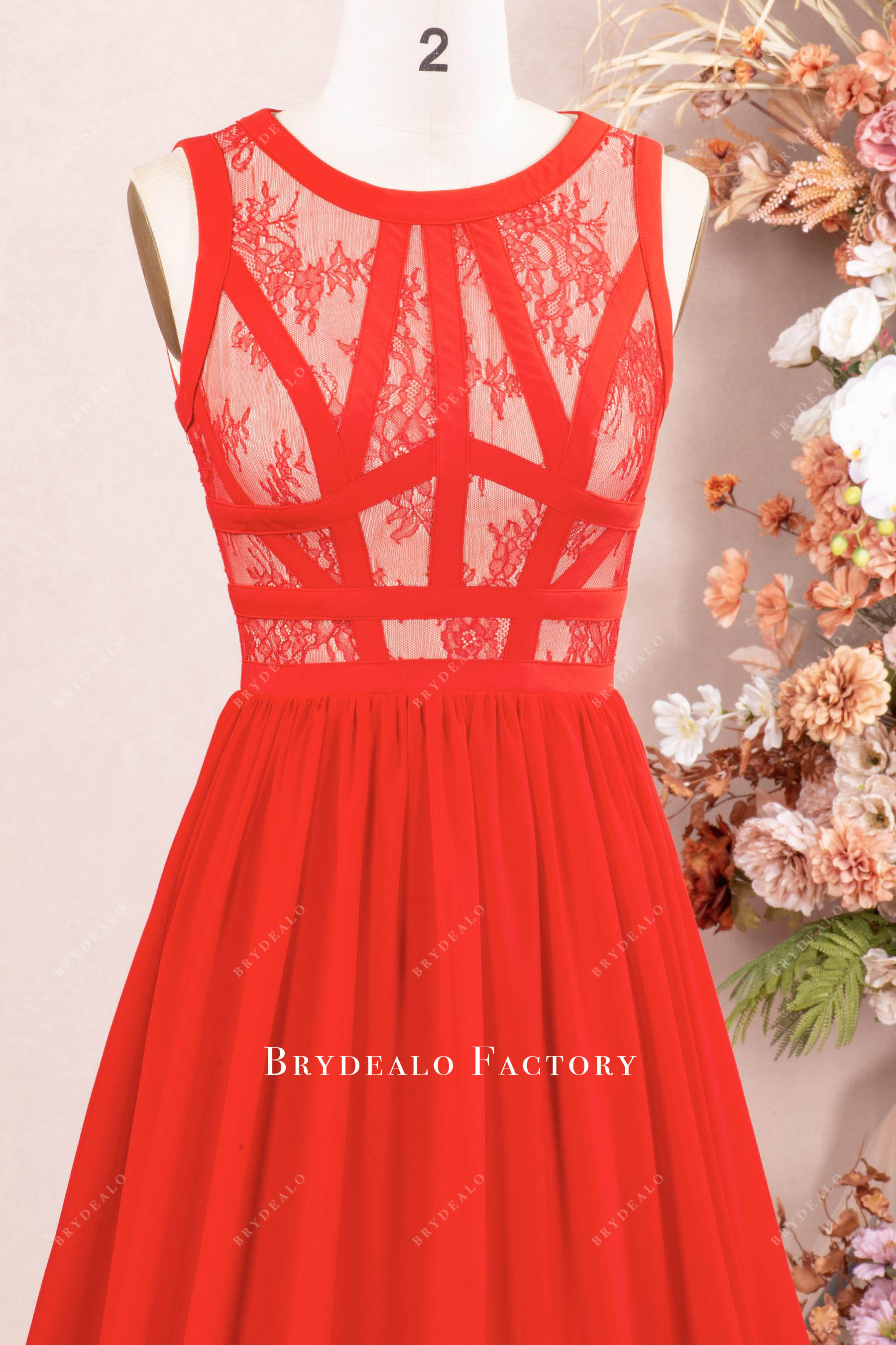 red jewel neck lace formal dress