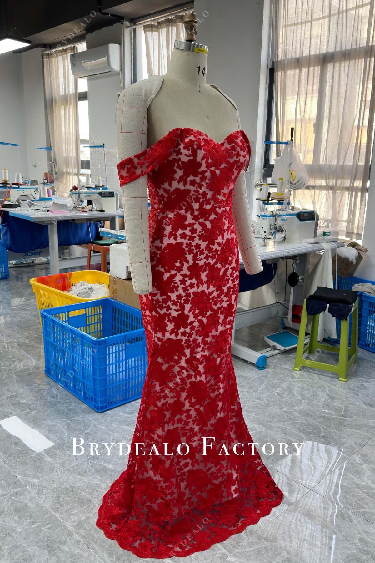red lace long off shoulder bridal gown