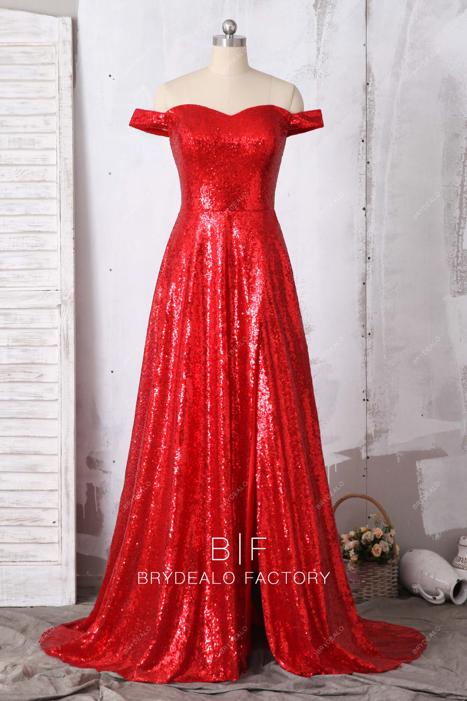 Red Sequin Off the Shoulder Leg Slit A-line Prom Dress