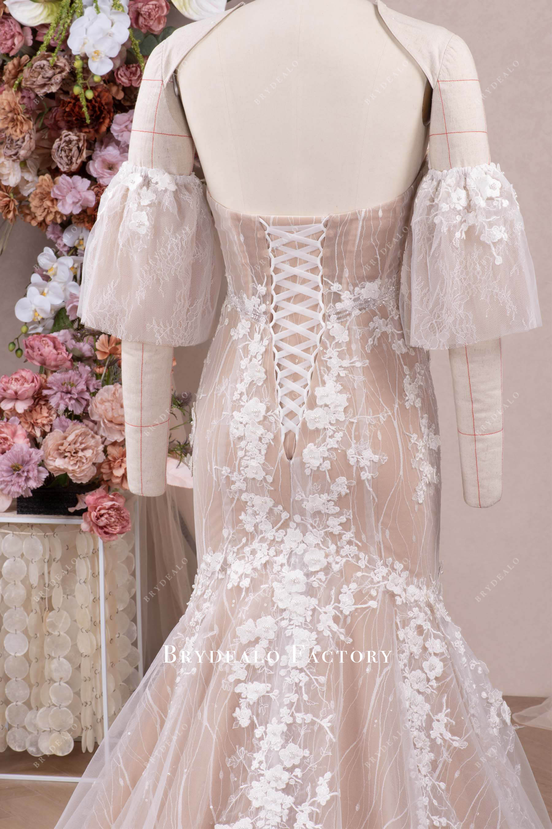 removable sleeve lace up wedding gown