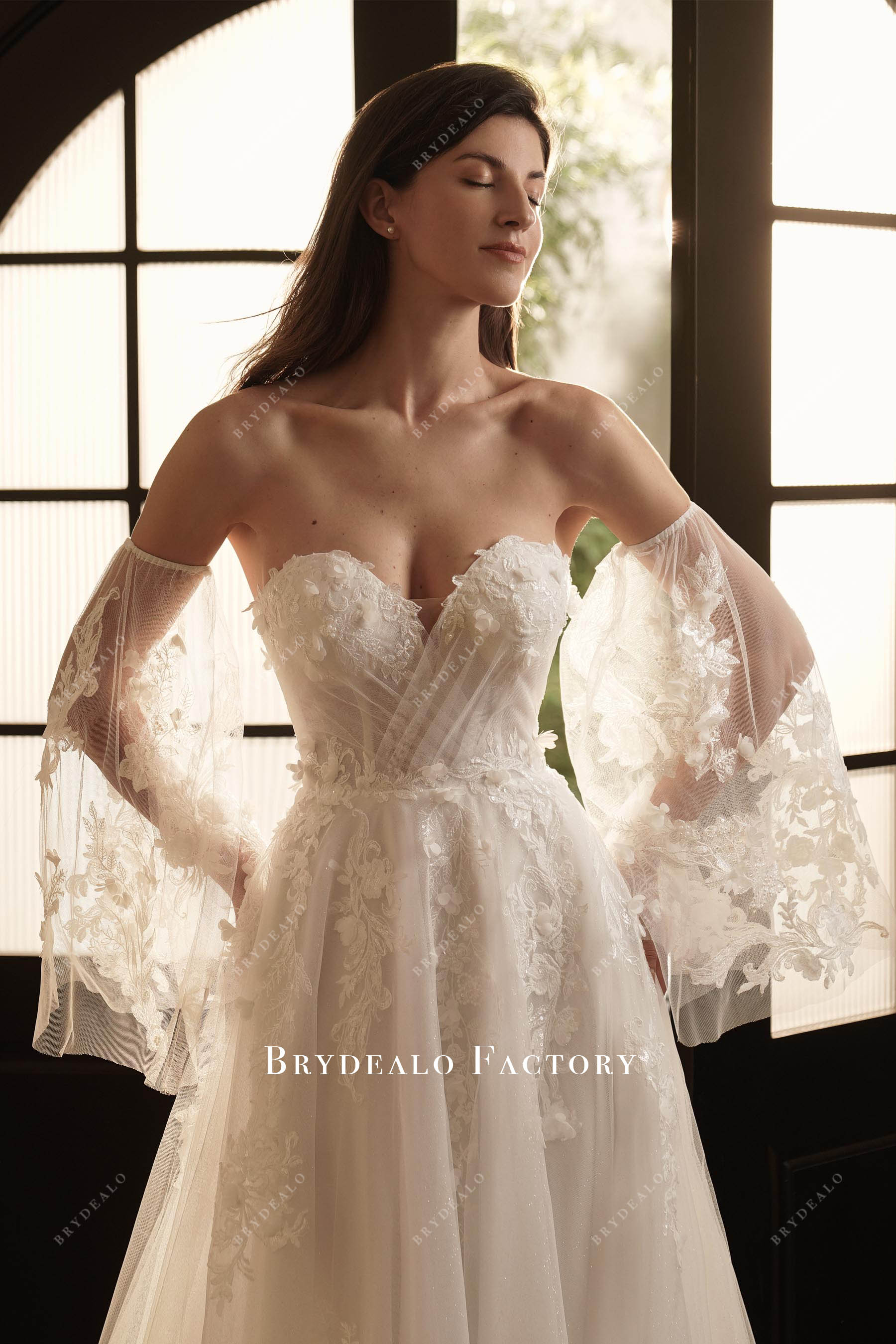 Romantic Bell Sleeve Shimmery Lace Wedding Dress Romantic Bell Sleeve Shimmery Lace Wedding Dress
