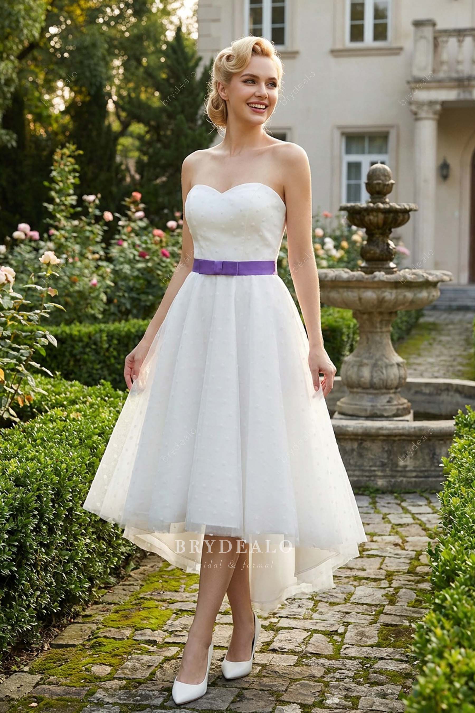 Retro Polka Dot Sweetheart Neck Tea Length Wedding Dress