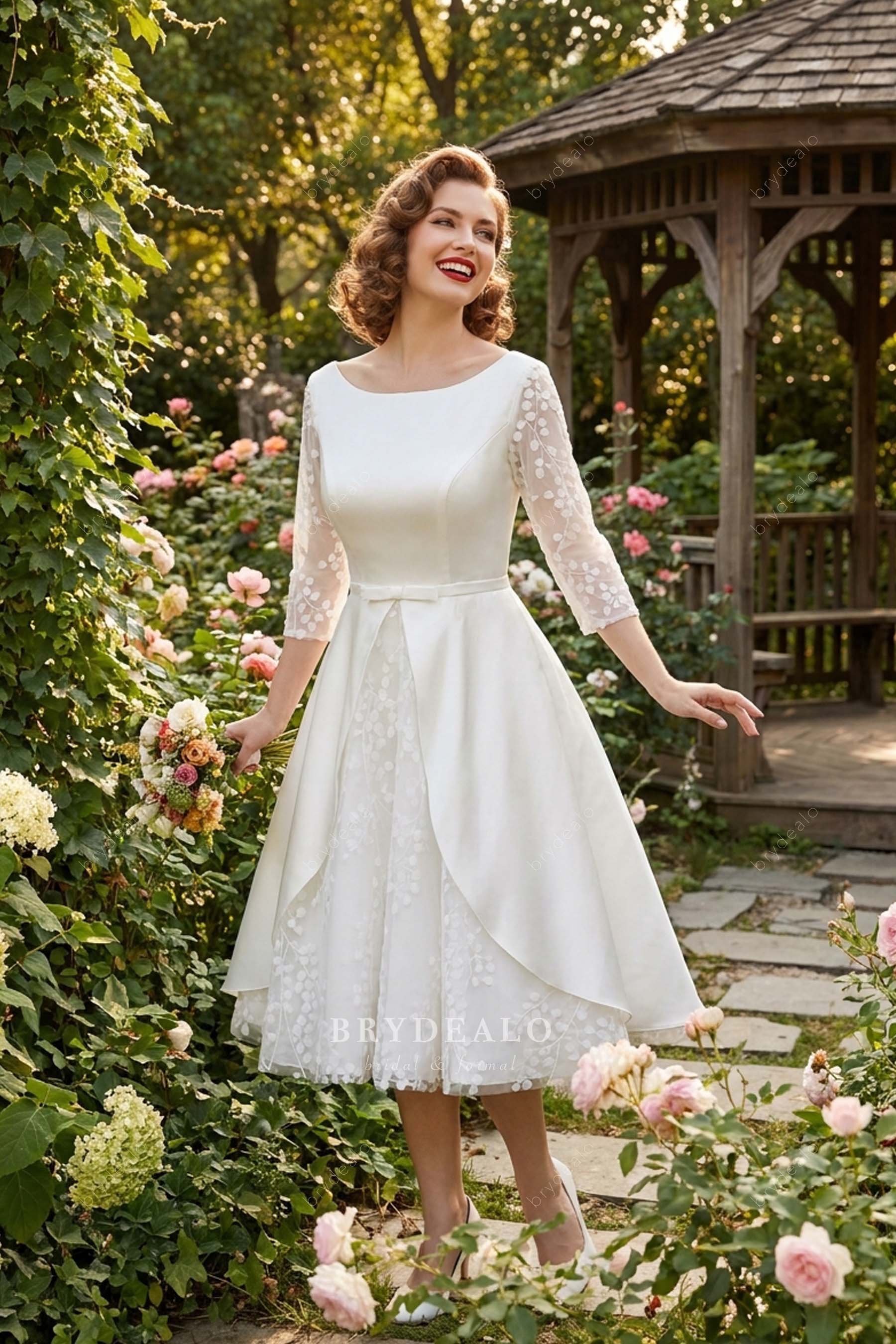 retro tea-length satin lace wedding dress
