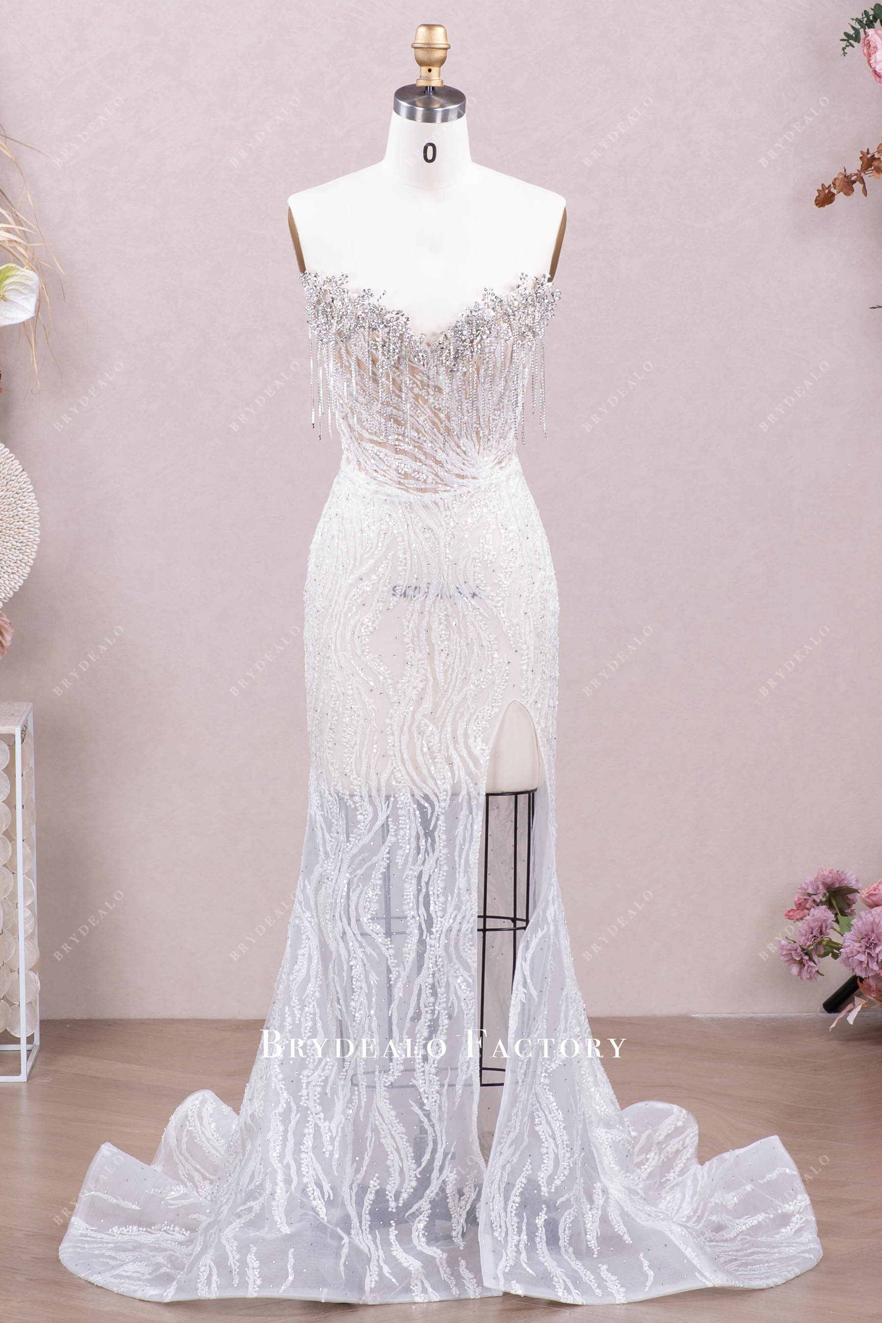 Luxury Rhinestone Tassel V-Cut Neck Mermaid Wedding Dress