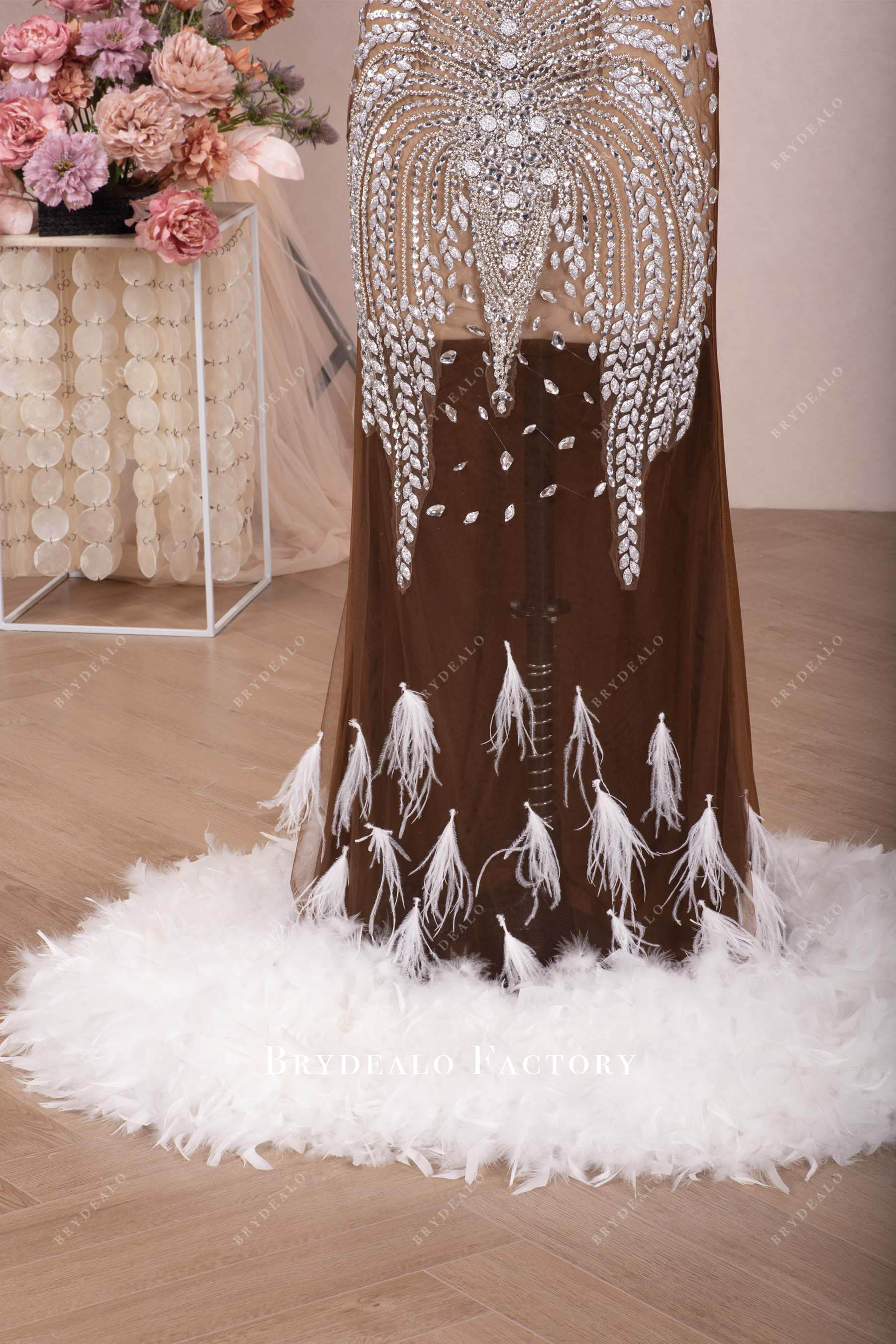 rhinestone feather train prom dress