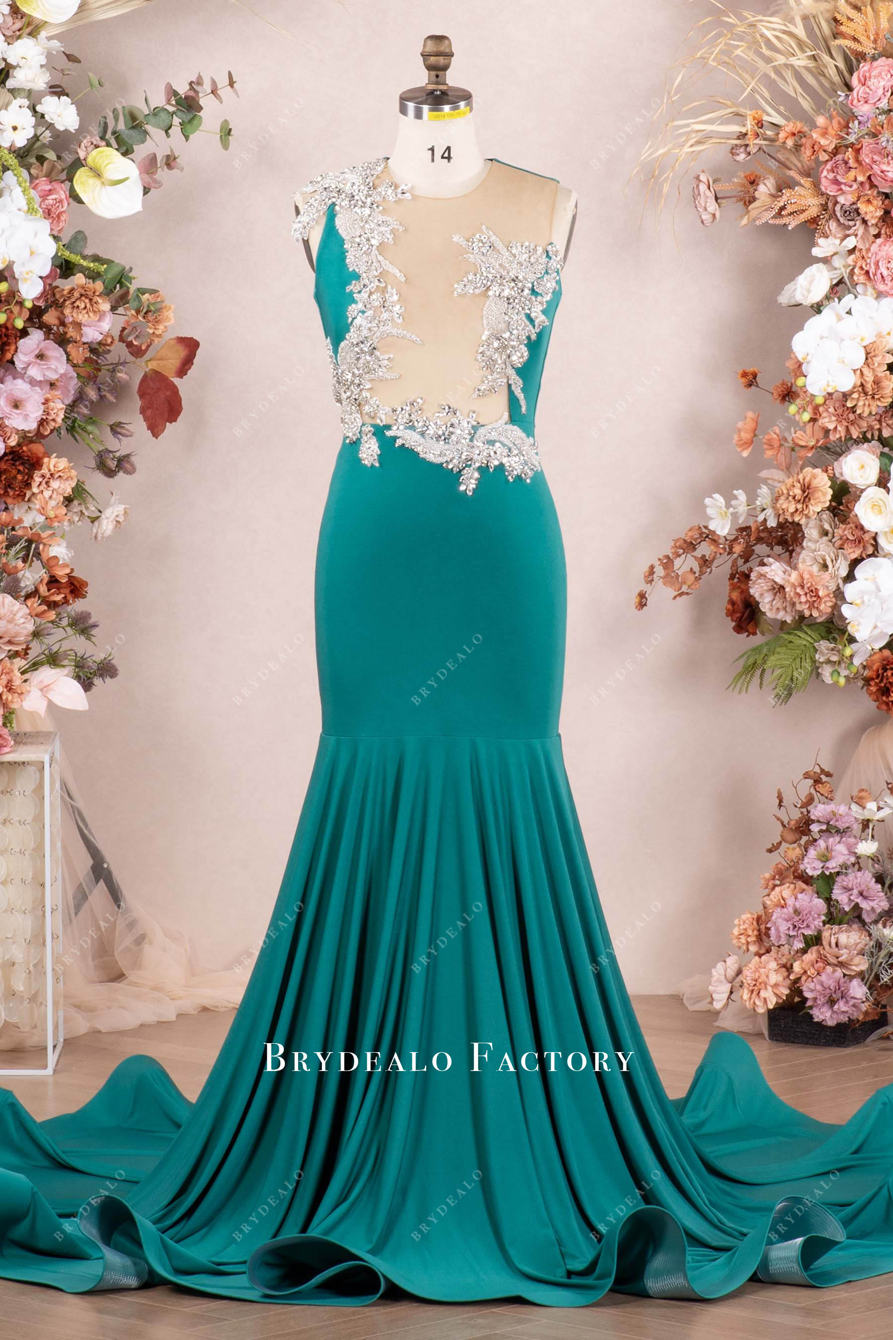 rhinestone green jersey prom dress