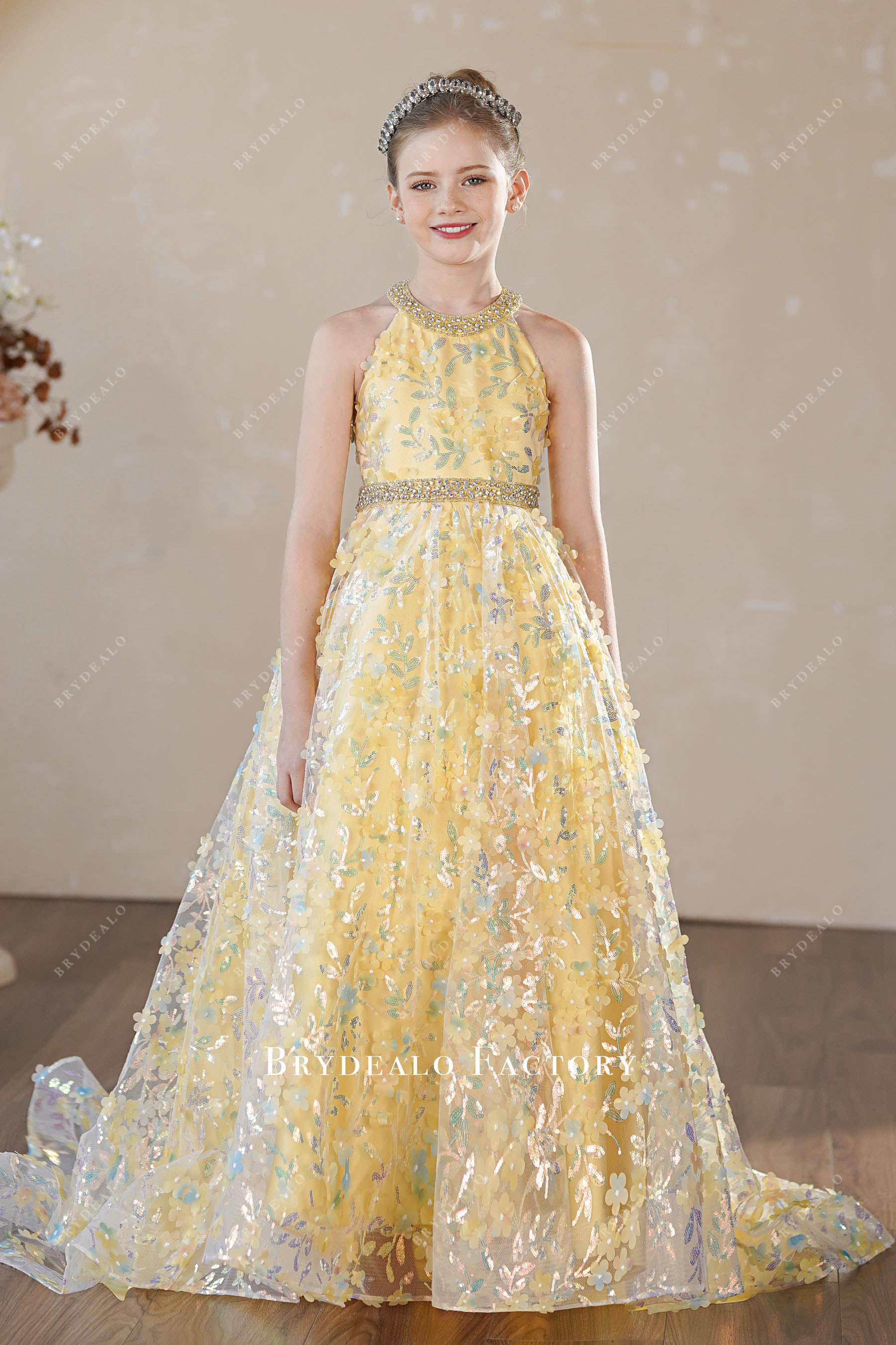 rhinestone halter flower junior pageant dress