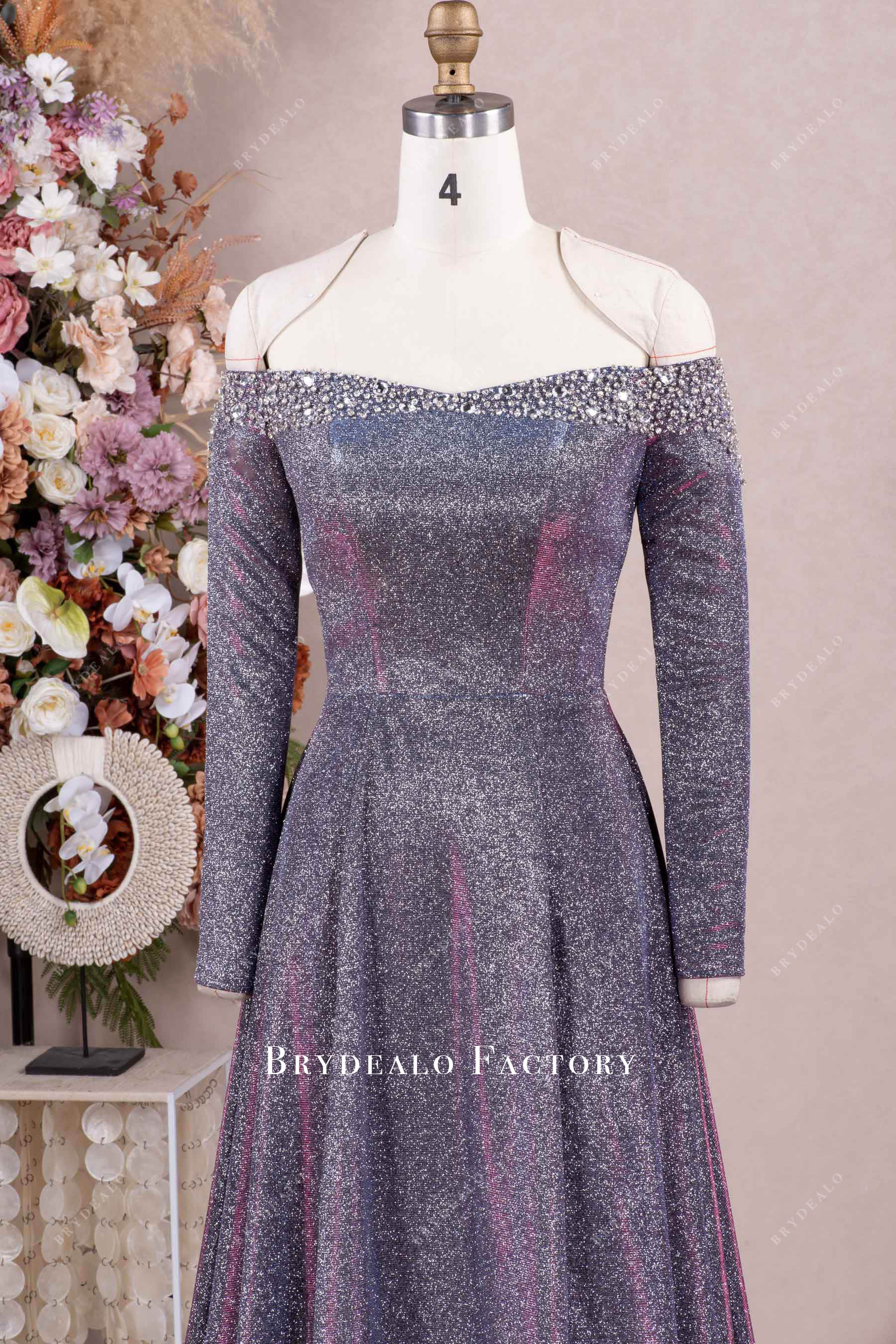 rhinestone off-shoulder sleeve prom dress