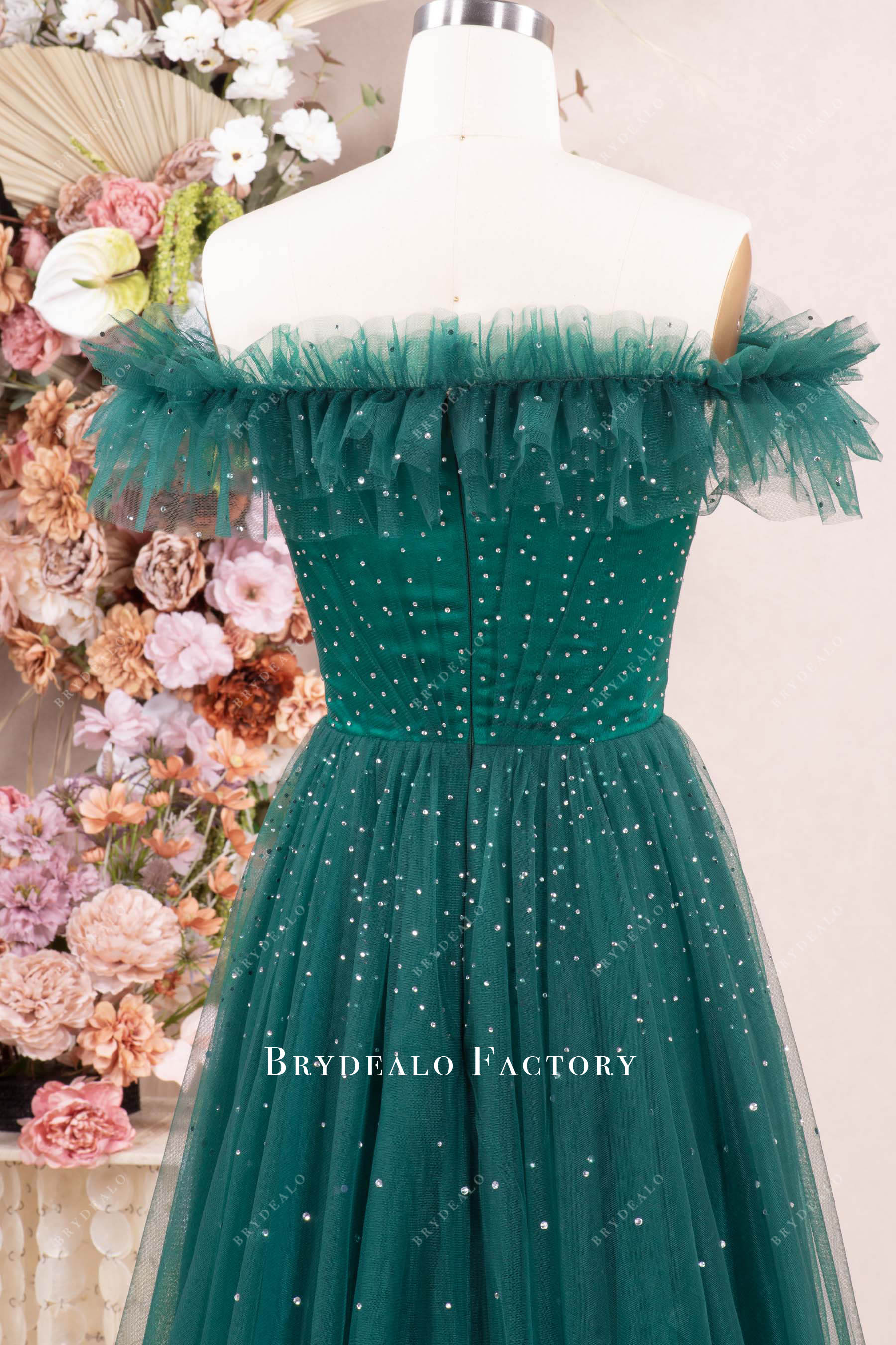 rhinestone ruffled neck prom dress