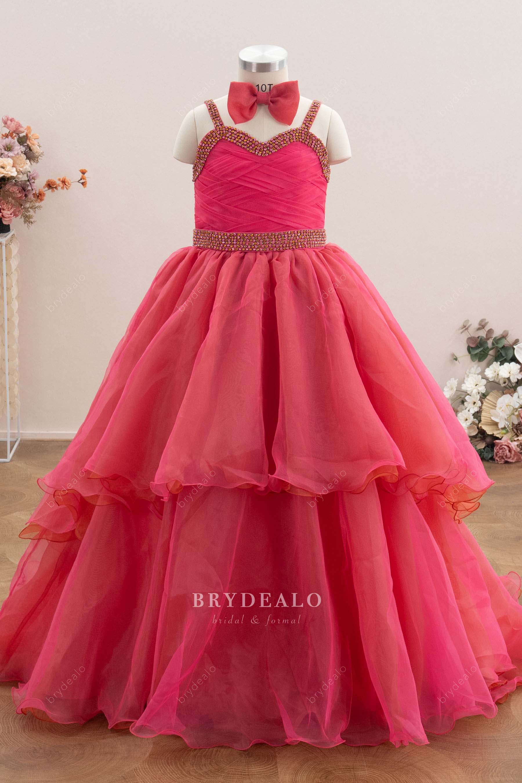 rhinestone straps bow tie kids pageant gown