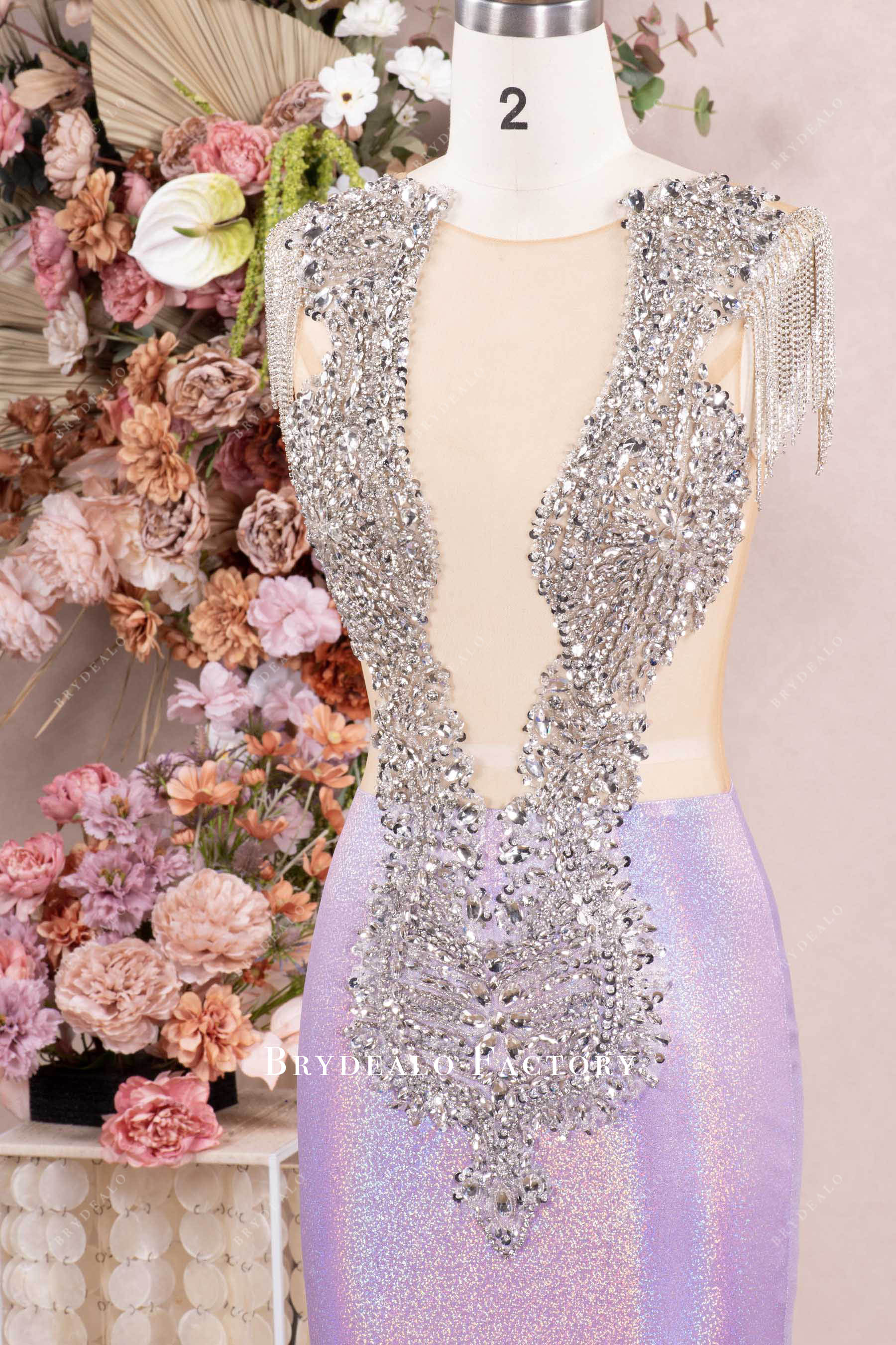 rhinestone tassel shoulder prom dress