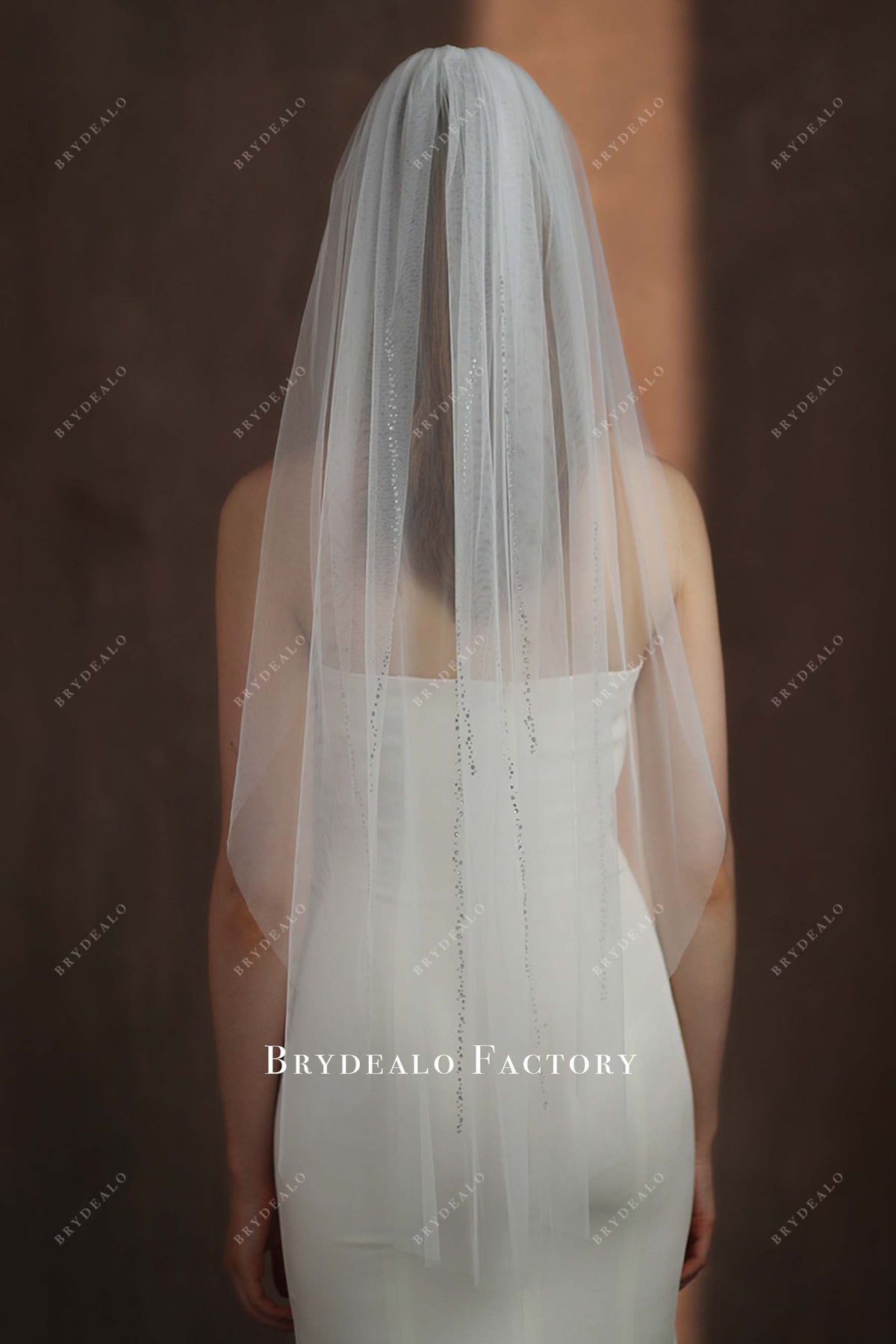 Sparkle Tulle Rhinestone Edge Fingertip Veil Bianco Ivory Two Tier Glitter Tulle Fingertip Veil with  main image 3