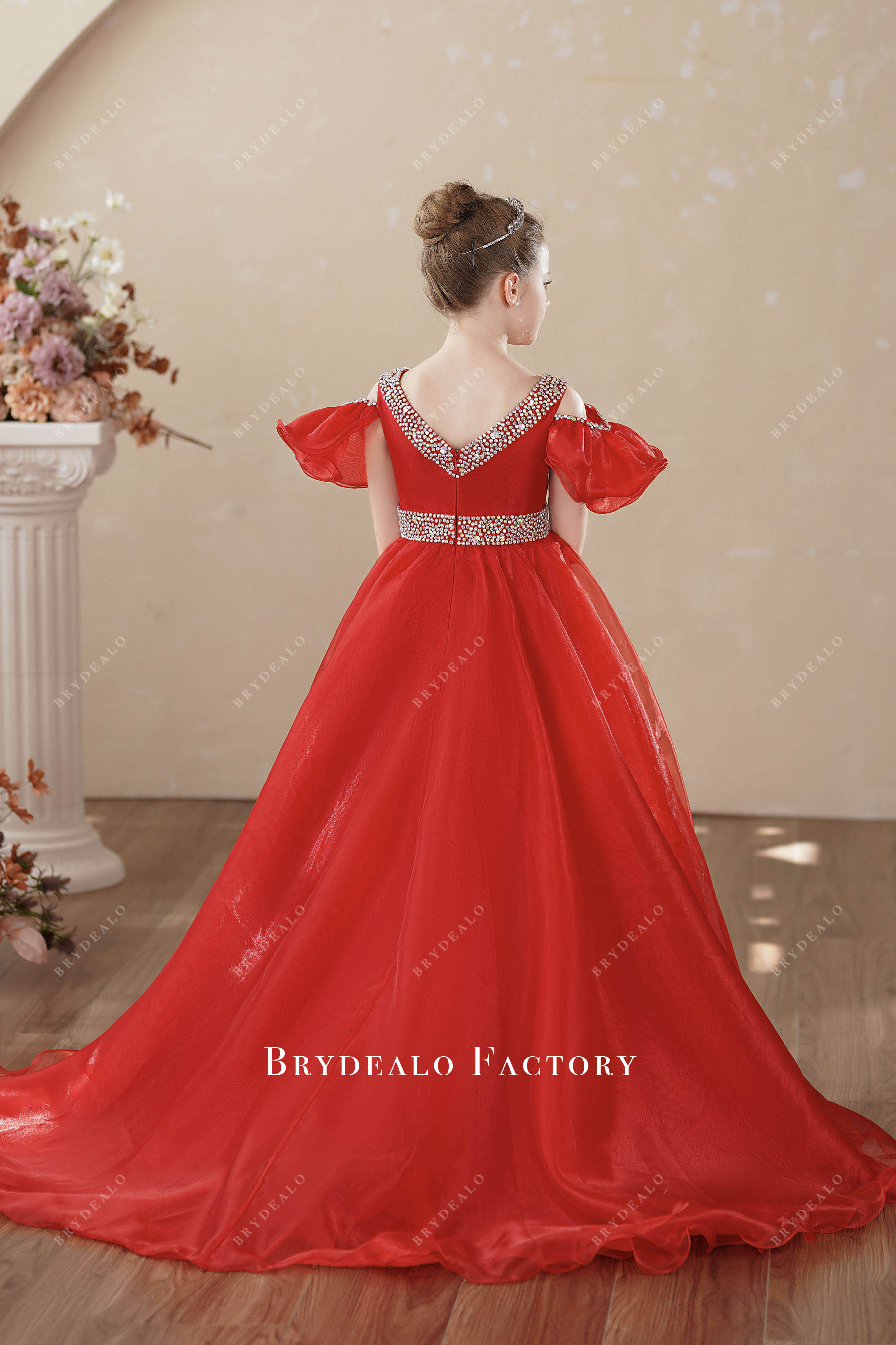 rhinestone v-back long kids formal gown