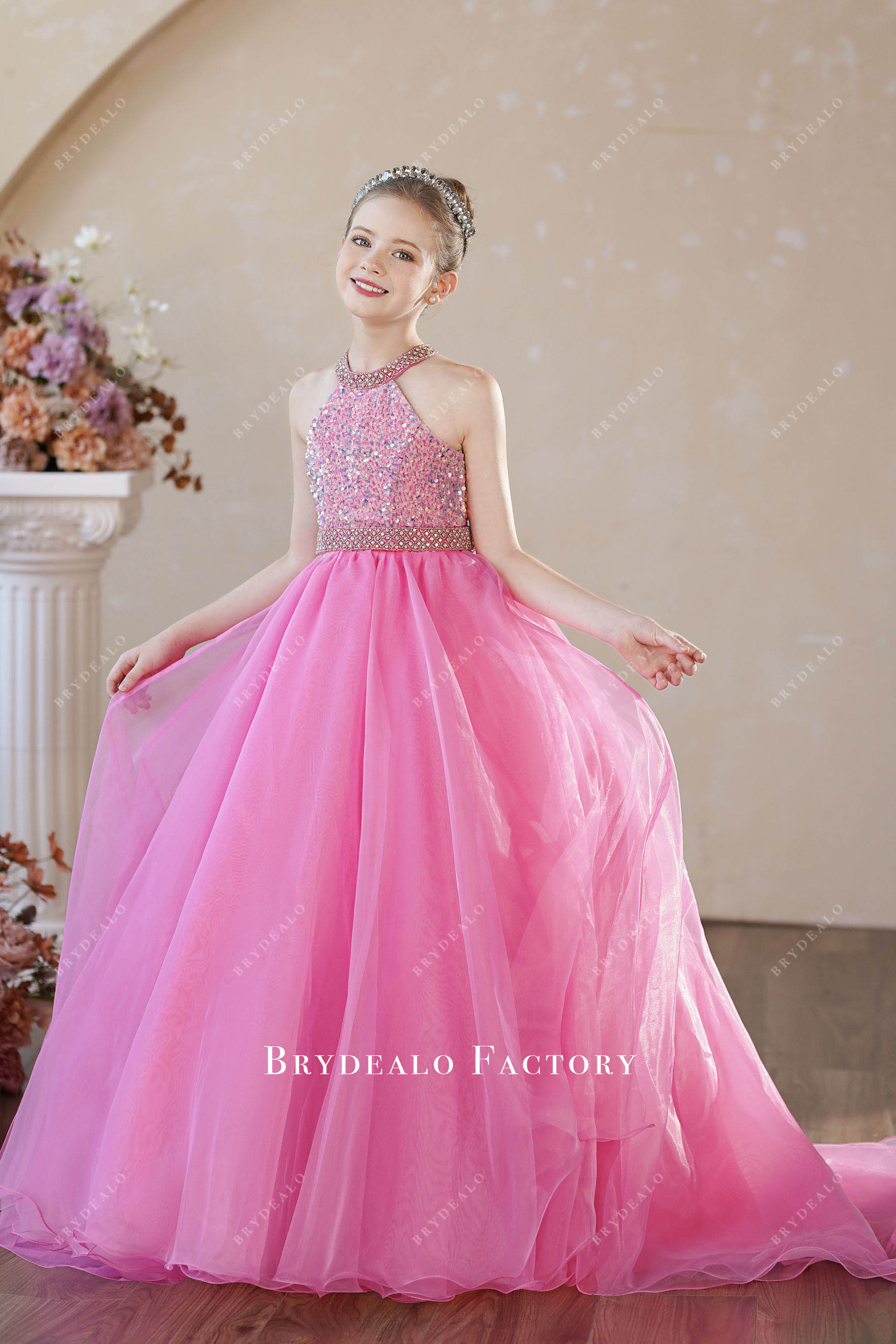 Hot Pink Rhinestone Halter Neck Organza Kids Pageant Dress