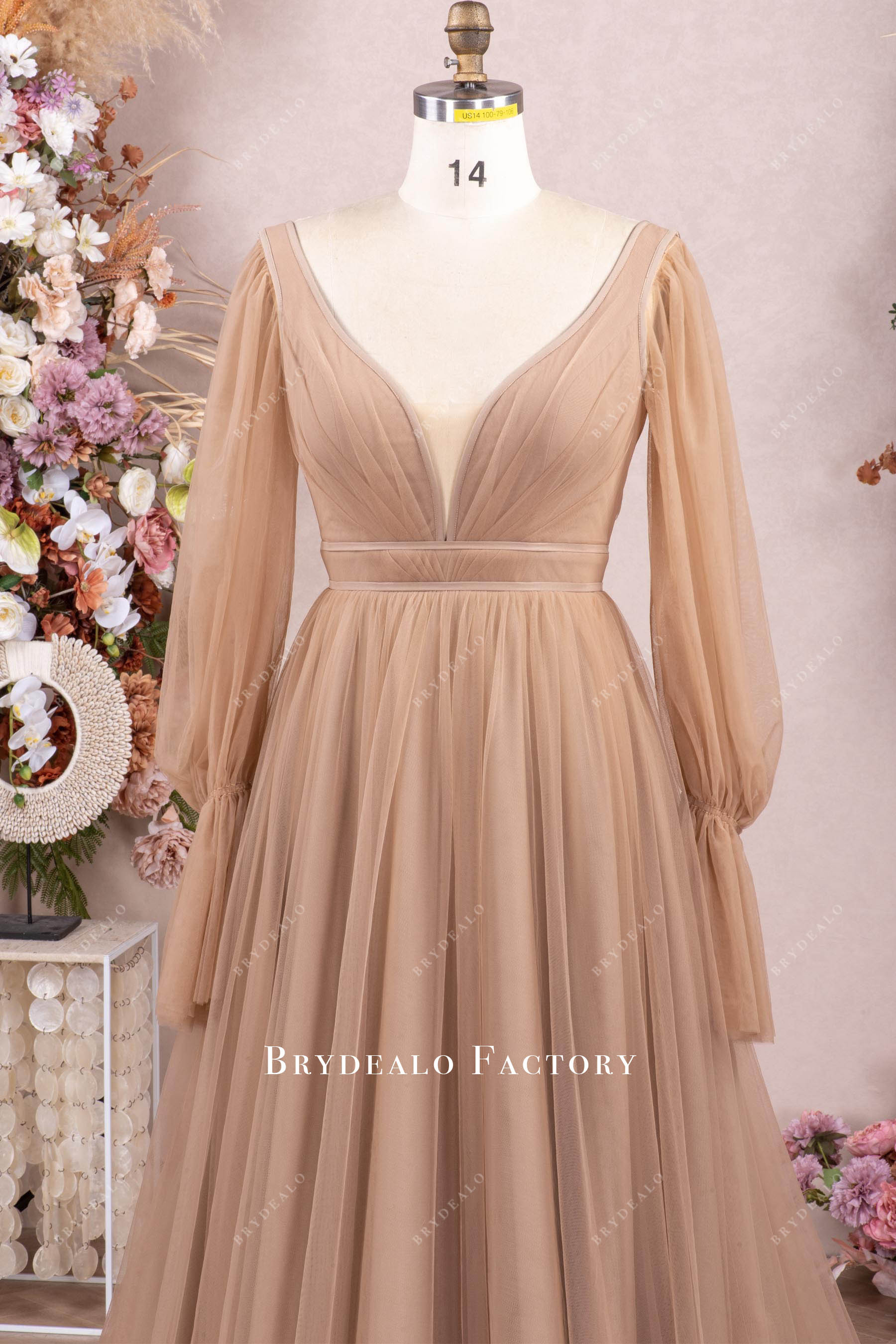 ribbon plunging neck wedding dress