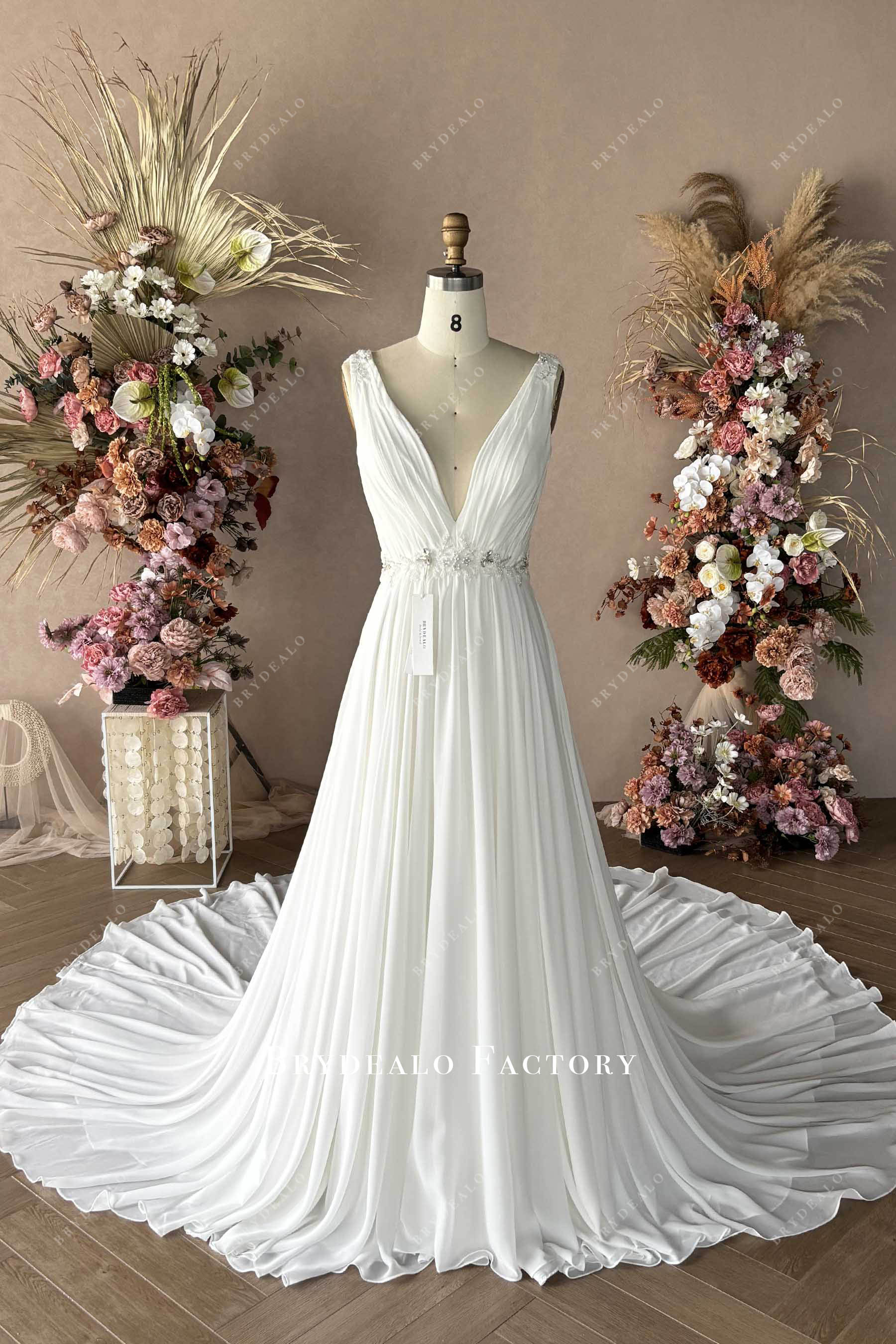 romantic A-line pleated chiffon wedding dress