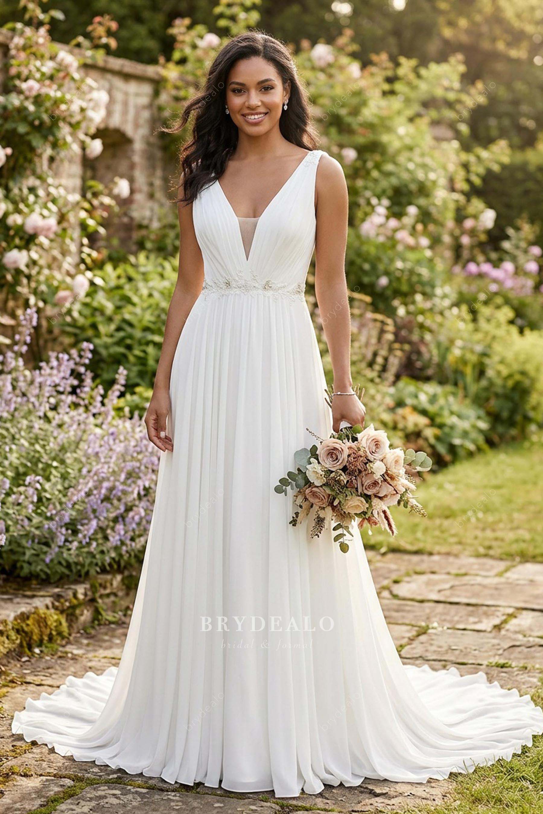 renaissance bridal homecoming dresses Straps Plunging Pleated Chiffon Long Train Wedding Dress