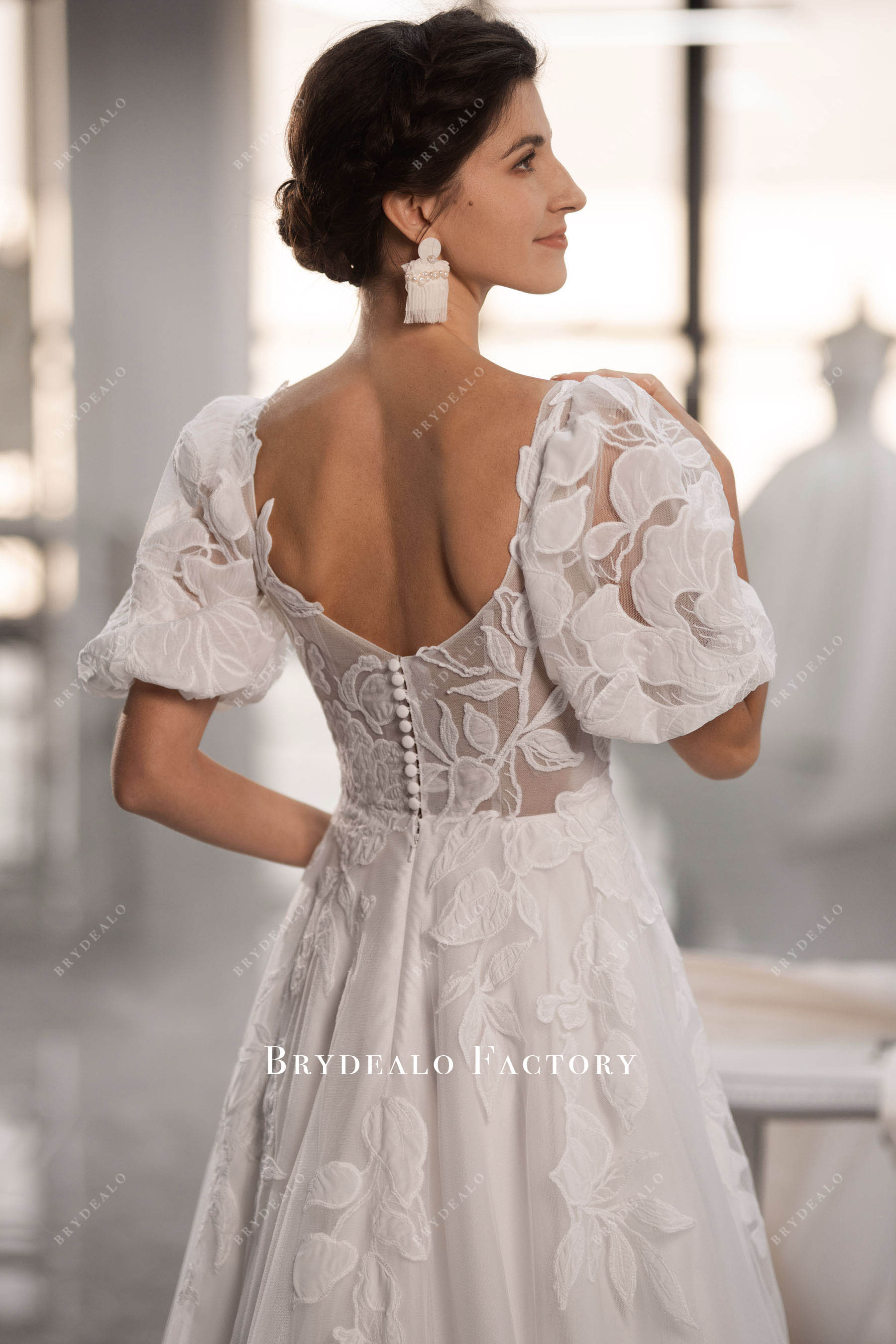 romantic bubble sleeve wedding gown sample