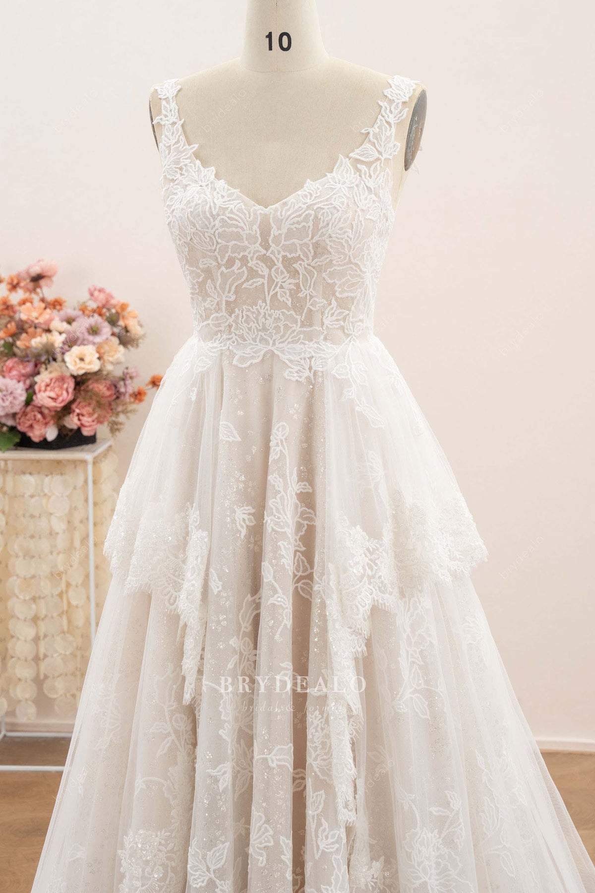 romantic floral lace straps wedding dress